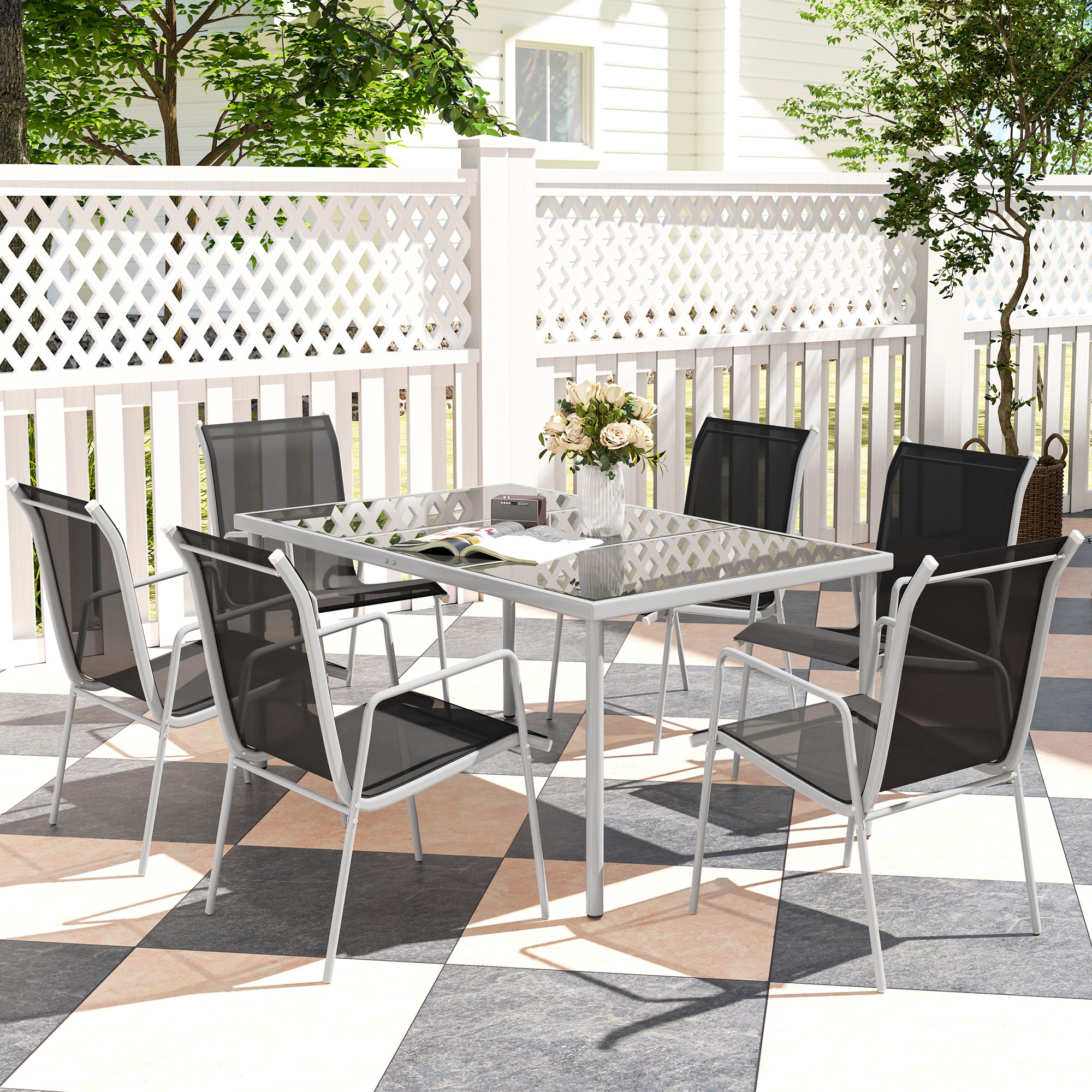 7-delige tuinmeubelset met eettafel en 6 stapelbare stoelen, Glastafel, Zwart