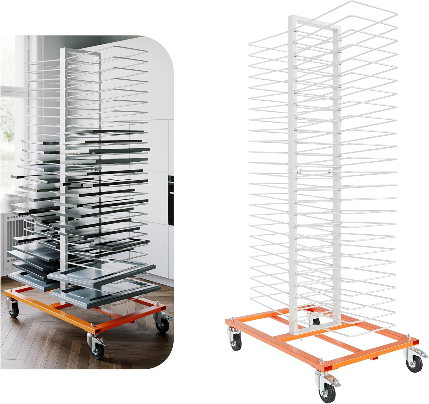 50-Shelf Paint Drying Rack with Wheels, 25lbs/Shelf, Orange/White