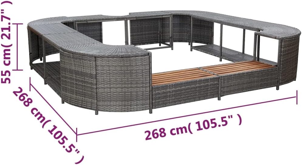 vidaXL Whirlpool Umrandung mit 2 hölzernen Spa-Stufen Spa Poolumrandung für Schwimmbecken Quadratisch Grau 268x268x55cm Poly Rattan