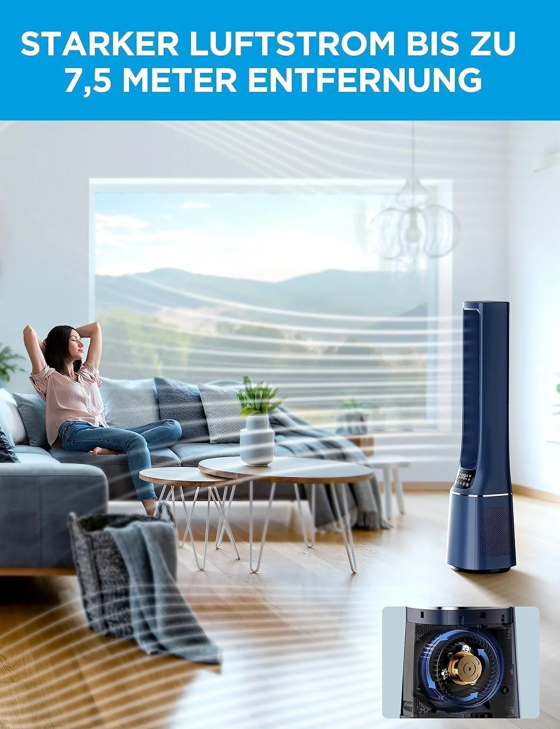 Midea MFP-120i (BL) 2-in-1 Torenventilator Stil 38dB Luchtreiniger H13 True HEPA voor 47,6 �O LED-Display Afstandsbediening Oscillatie 12H Timer Compatibel met Draadloze Verbinding App Alexa Google