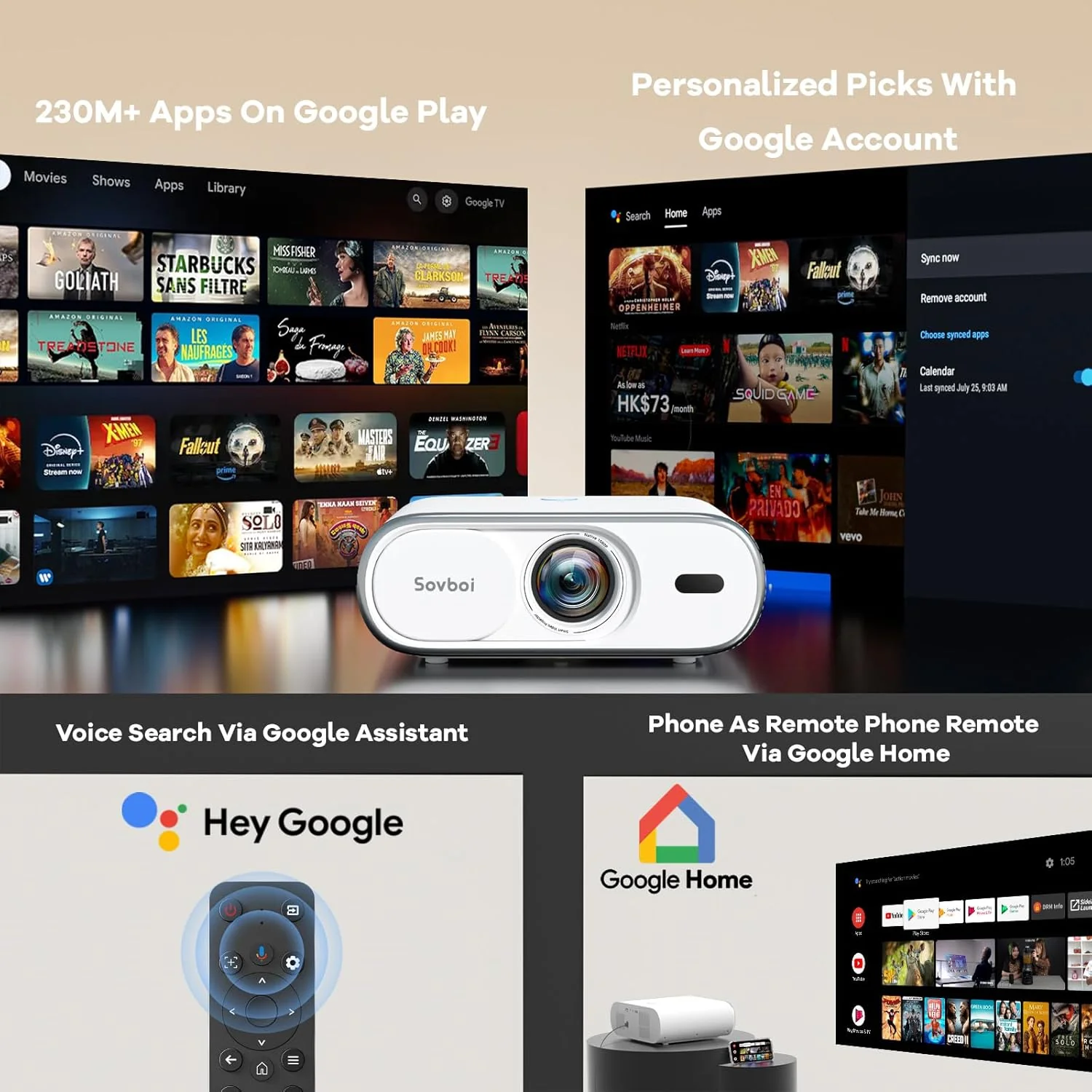 4K Projector Built-in Google TV: 2500 ANSI/Auto Lens Cap & 4D Keystone/Auto Focus