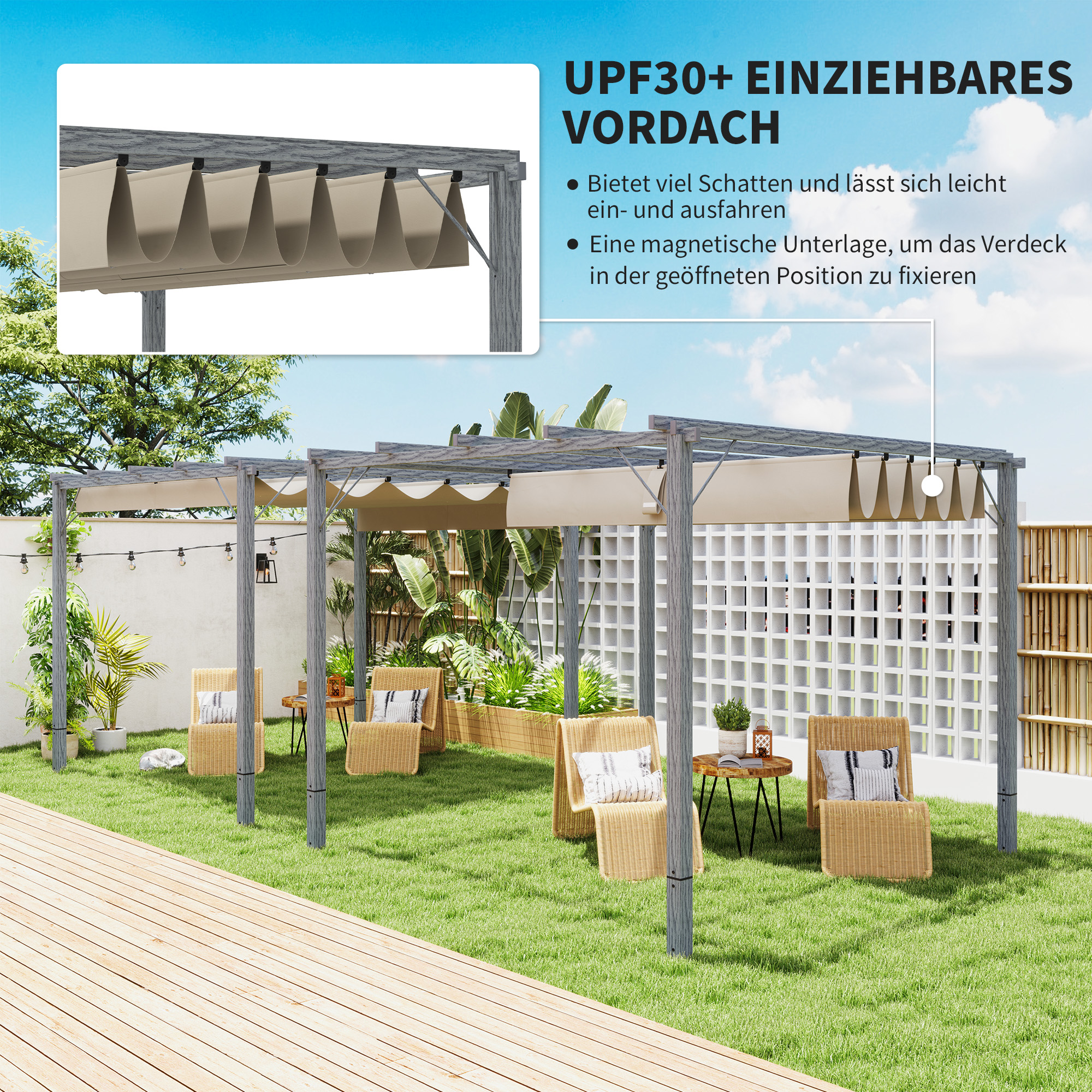 3 x 3 m Tuinpergola, Verstelbare Terrasoverkapping met Aluminium Frame, UPF30+ Zonbescherming, Grijs