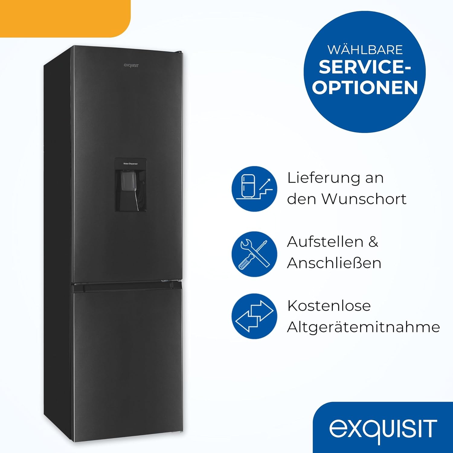 Exquisit Kühl-Gefrierkombination | 260 l Nutzinhalt, Energieklasse D, 40 dB(A) | Wasserspender mit Tank, elektronische Temperaturregelung, LED-Beleuchtung | KGC5265-70-WS-040D inoxlook-az
