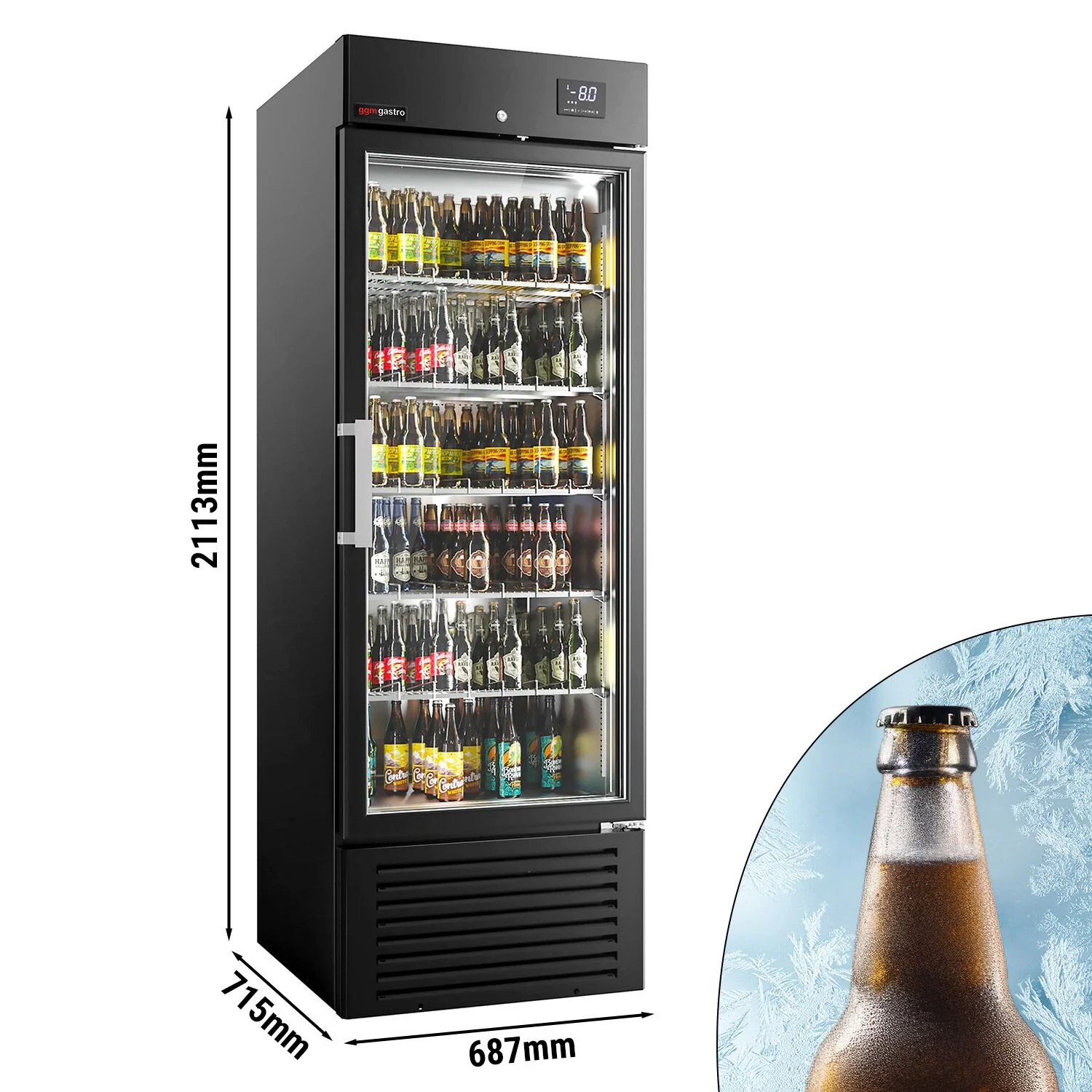 Flaskekjøler - 687 mm - 500 l - digital temperaturstyring - innvendig i rustfritt stål - med 1 glassdør & LED-belysning - svart