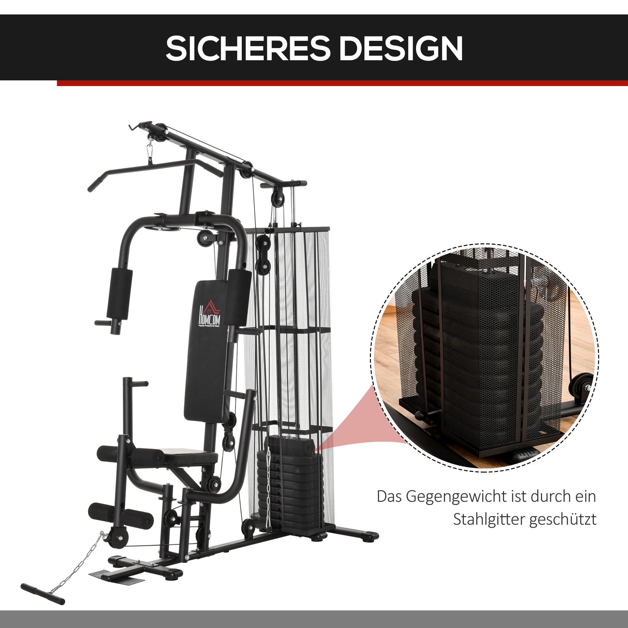 Gym Krachtstation Fitnessstation Multigym Fitnesscentrum Fitnessapparatuur incl. gewichten Latzug Beincurl Metaal PU-kunstleer zwart 150 x 110 x 210 cm