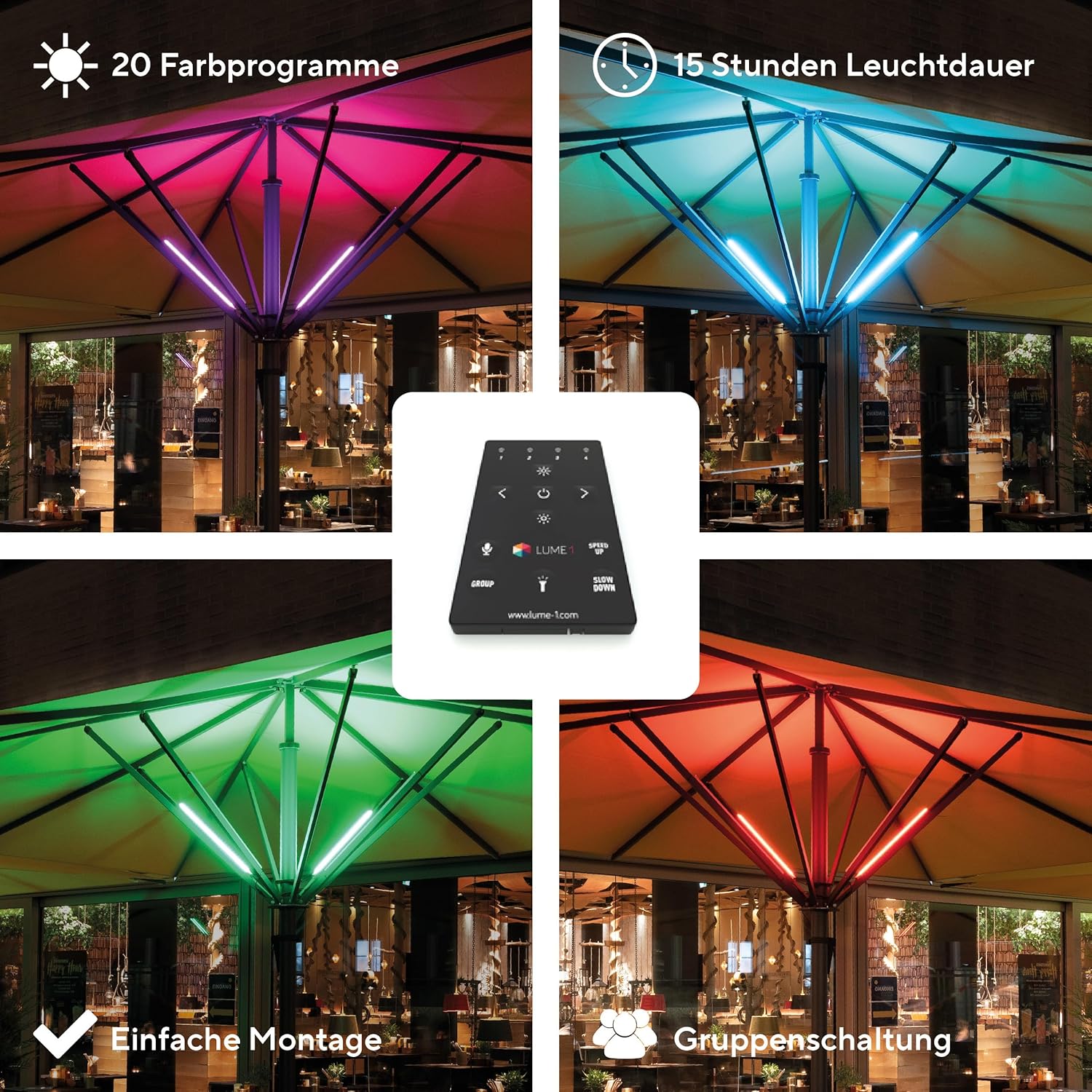 Lume1 Sonnenschirmbeleuchtung mit Fernbedienung, Sonnenschirmleuchter, Lampen für Garten, 4 LED warmweiß Leisten mit 1000 Lumen für angenehme Beleuchtung, Akku enthalten (Smart 4er)
