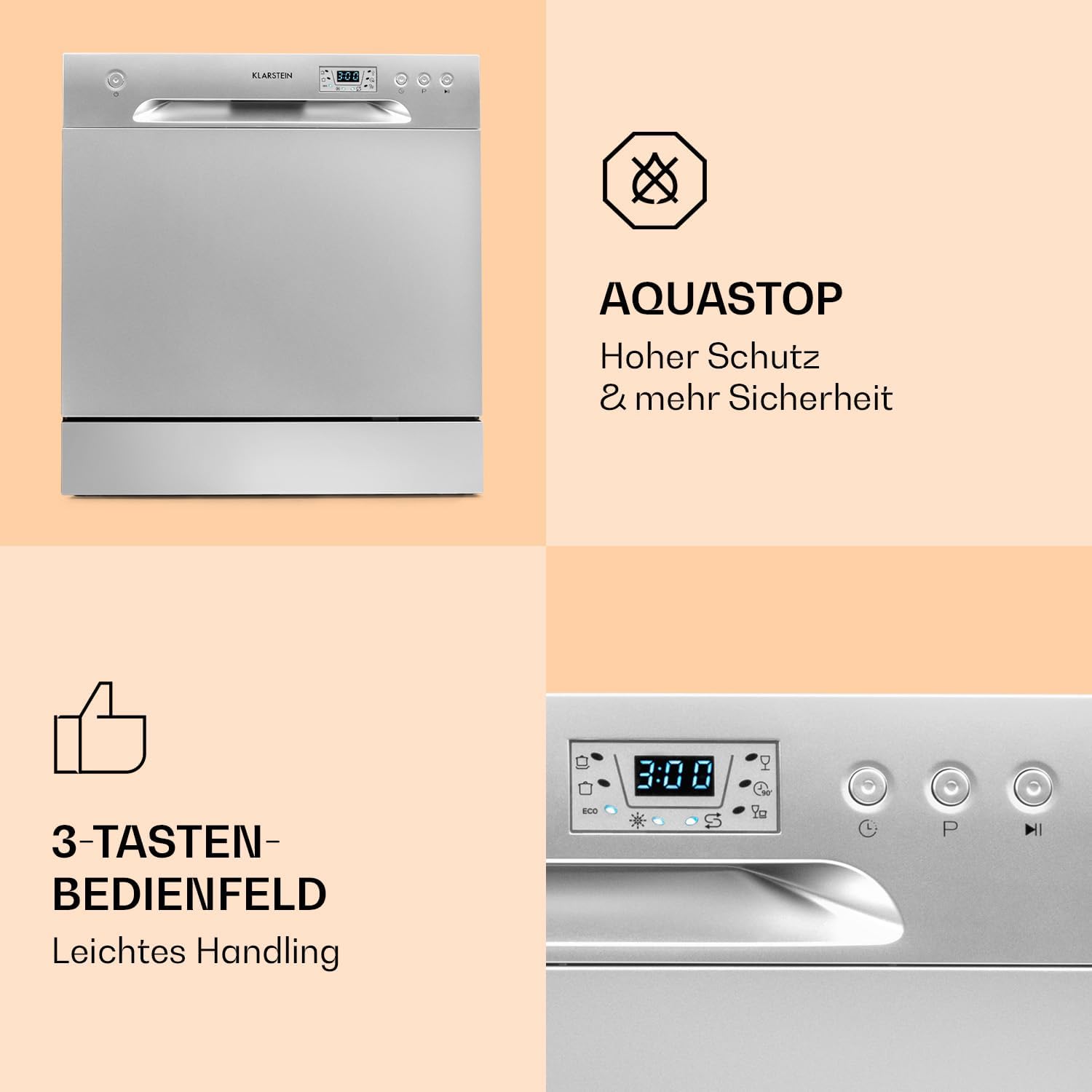 Klarstein  ia 8 - Spülmaschine, Geschirrspüler, Freistehend, Teilintegriert, F, 55 cm breit, 8 Maßgedecke, 6 Programme, Aquastop, silber