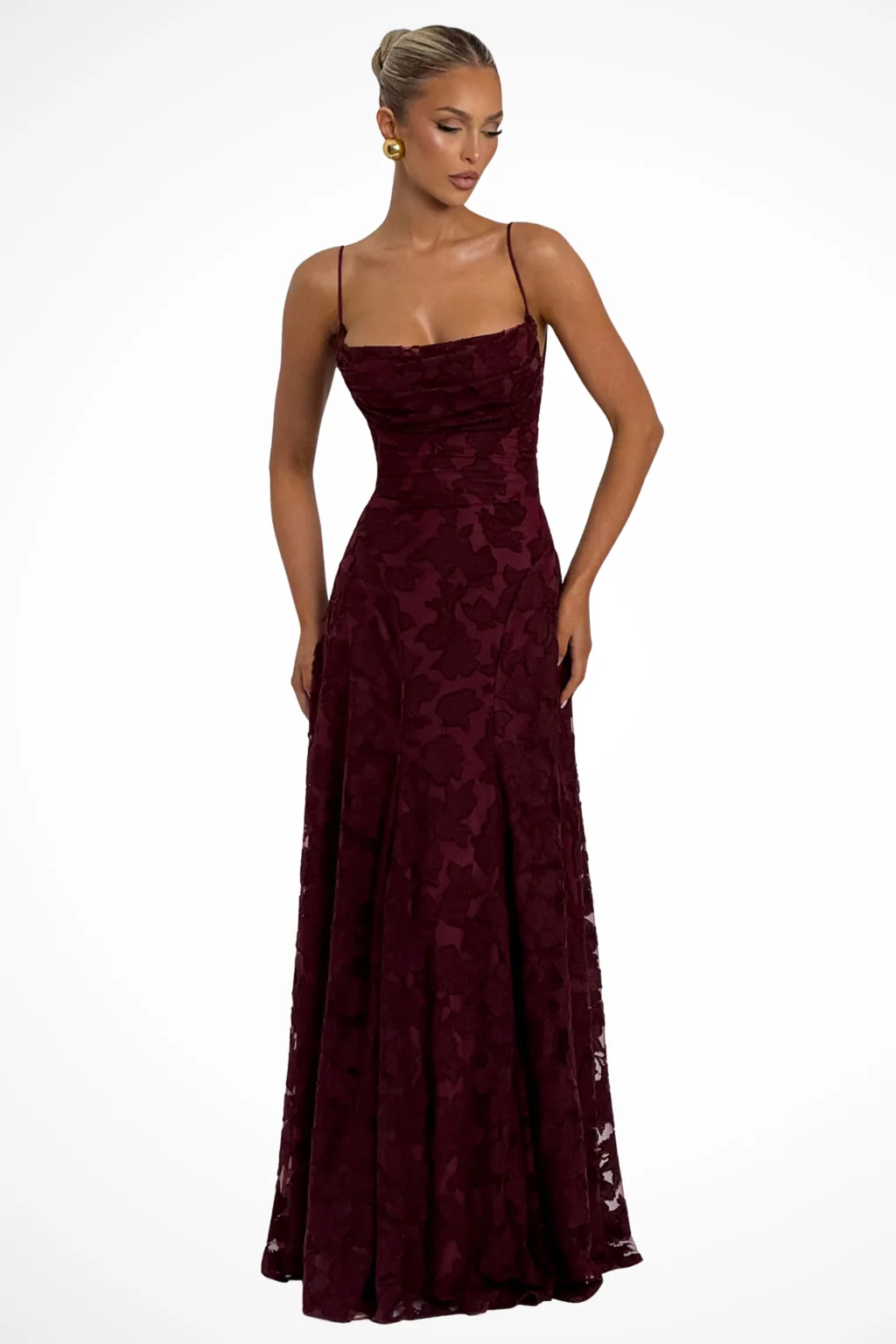 Maxikleid f��r Hochzeitsg?ste mit Wasserfallausschnitt und Blumenspitze | Festliches langes Abendkleid f��r Damen und feierliche