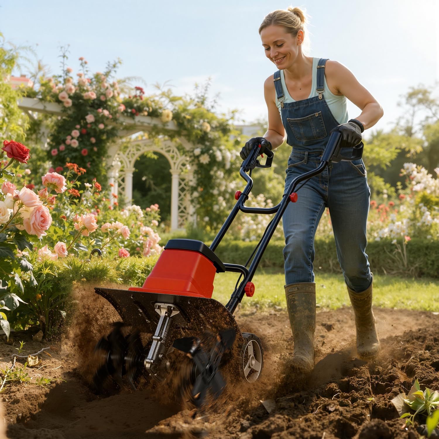 1500W Elektro Motorhacke Gartenfräse, Bodenfräse 400 mm Arbeitsbreite,220 mm Arbeitstiefe elektrische Bodenhacke Motorhacke,24 Messer zum Boden auflockern,Für Garten, Rasen und Beet