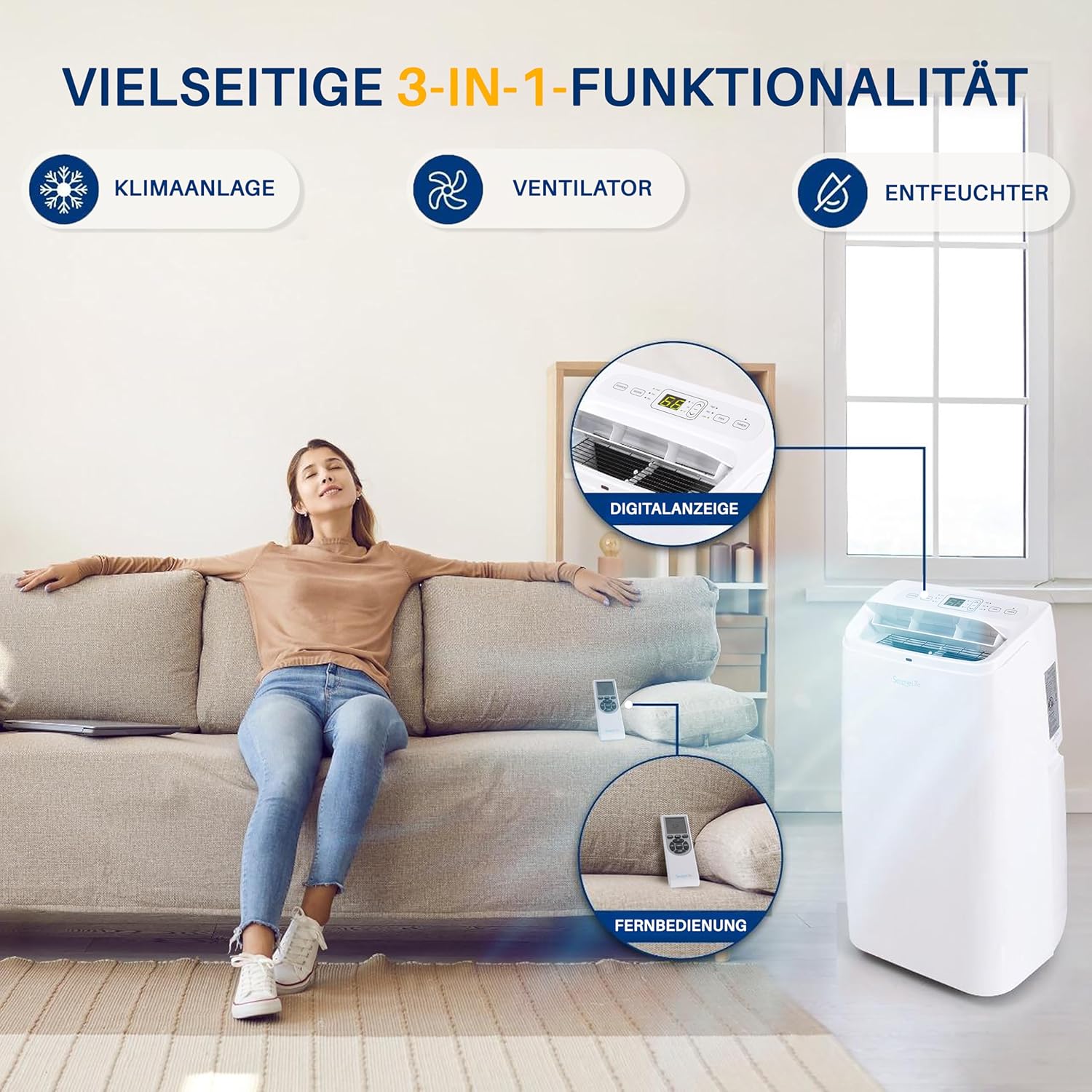 SereneLife Mini Klimaanlage mobil, 3-in-1 mobiles Klimagerät mit Abluftschlauch – Luftkühler, Luftentfeuchter & Ventilator, Air conditioner – 9.000 BTU, 1,5L Feuchtigkeit/Stunde, kühlt Räume bis 42 m2
