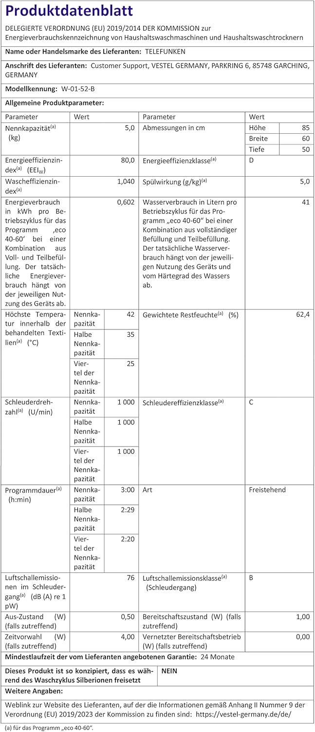Telefunken W-01-52-W Waschmaschine (5 kg / 1000 U/Min) mit Mengenautomatik und Überlaufschutz / 15 Programme/Startzeitvorwahl/weiß
