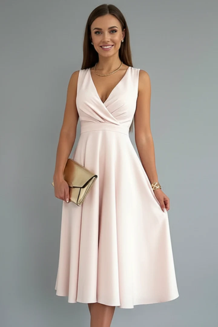 ?rmelloses Damen Midi-Kleid mit V-Ausschnitt und verdecktem Rei?verschluss | Klassisches A-Linien Kleid mit ausgestelltem Rock