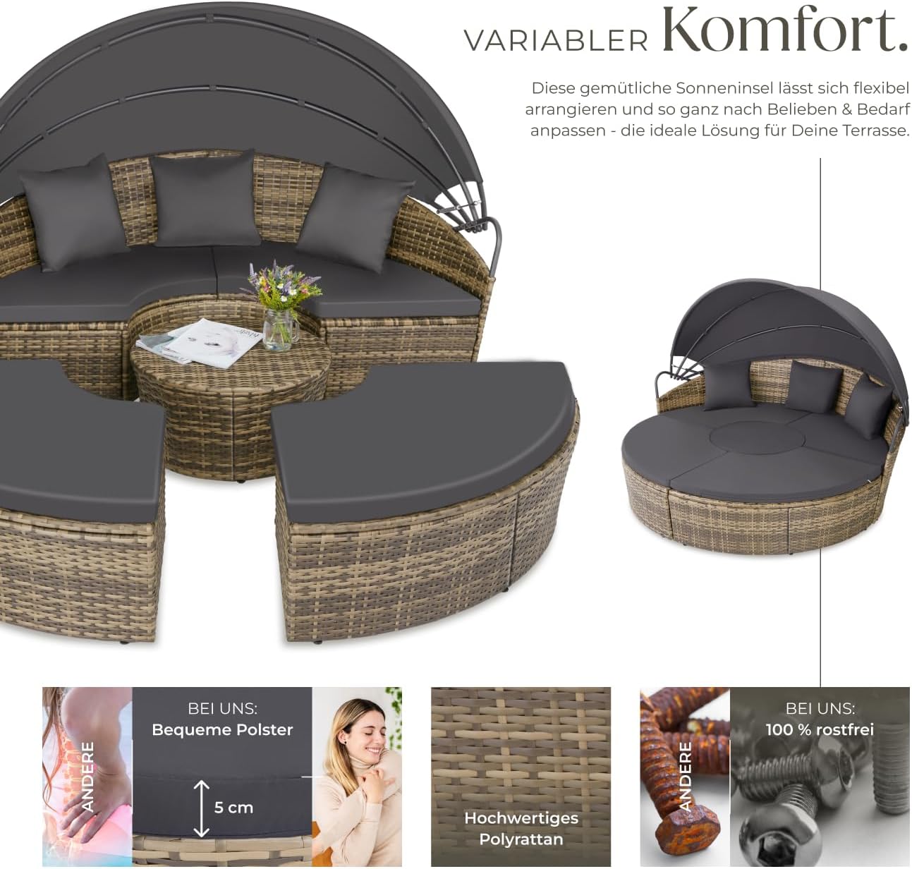 tectake® Lounge Muschel Sonneninsel Outdoor wetterfest, Gartenmuschel, Sonnenliege 2 Personen und mehr, multifunktionales Terrasse oder Balkon Möbel, Gartenliege wetterfest - Natur