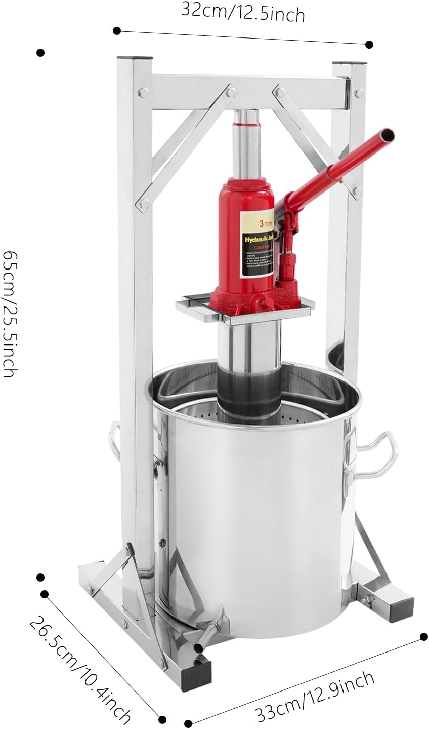 12L Hydraulische Obstpresse, 304 Edelstahl Fruchtpresse mit 3T Hydraulikheber, Manueller Entsafter, Innenfilter-Eimer, Weinpresse, Apfelweinpresse, Ideal für Wein, Most & Fruchtsäfte