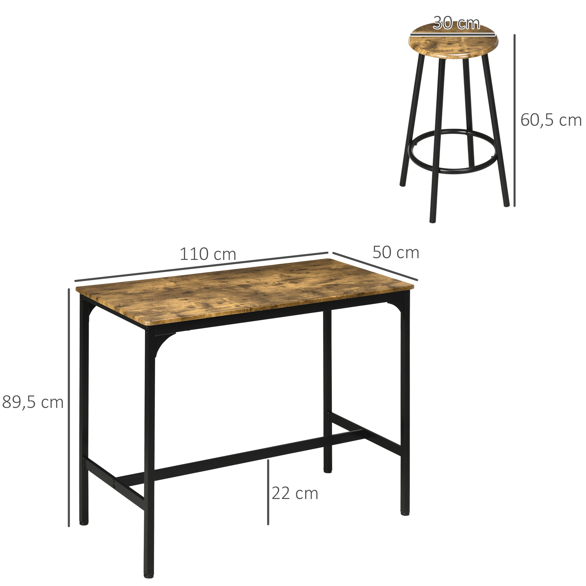5-delig. Bartafelset met industrieel design, 1 bartafel, 4 barkrukken, bankstel, aanrecht, zwart+bruin