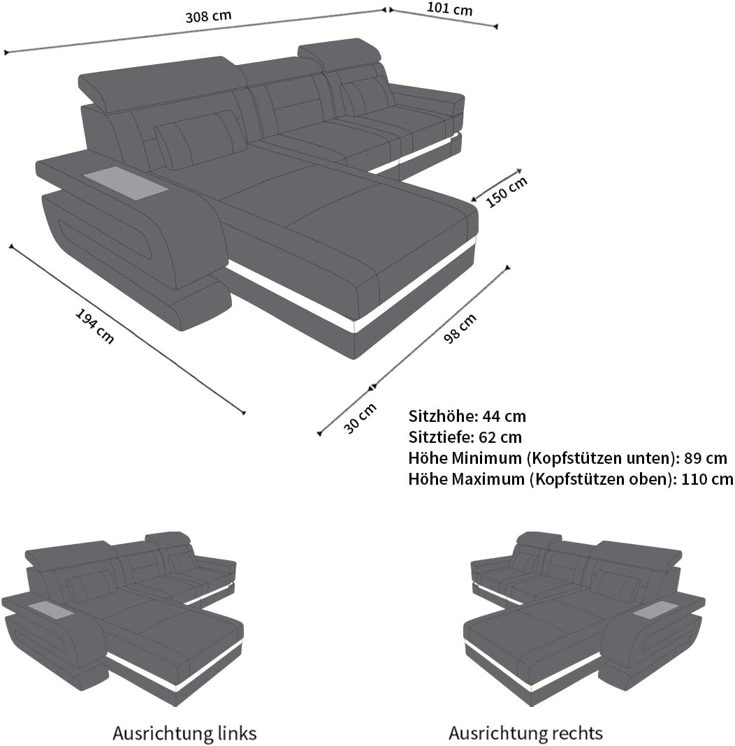 Sofa Bologna als Ecksofa in der L-Form Ledersofa mit USB-Anschluss Stauraum Beleuchtung Kopfstützen Designersofa Couch (Ottomane Links (auf Sofa blickend), White)