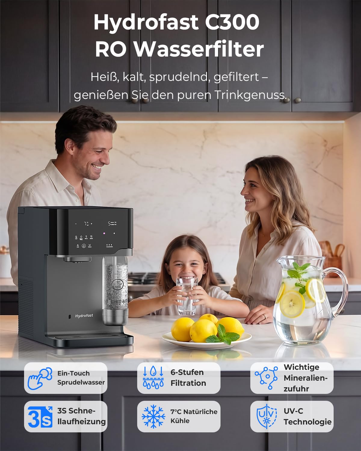 C300 Wasserspender mit Kohlensäure  und  Osmoseanlage, 6-Stufen Umkehrosmose + UV, Heißwasserspender mit Kühlung, 5L Tank, Temperatureinstellung 40-100°C, für Zuhause  und  Büro