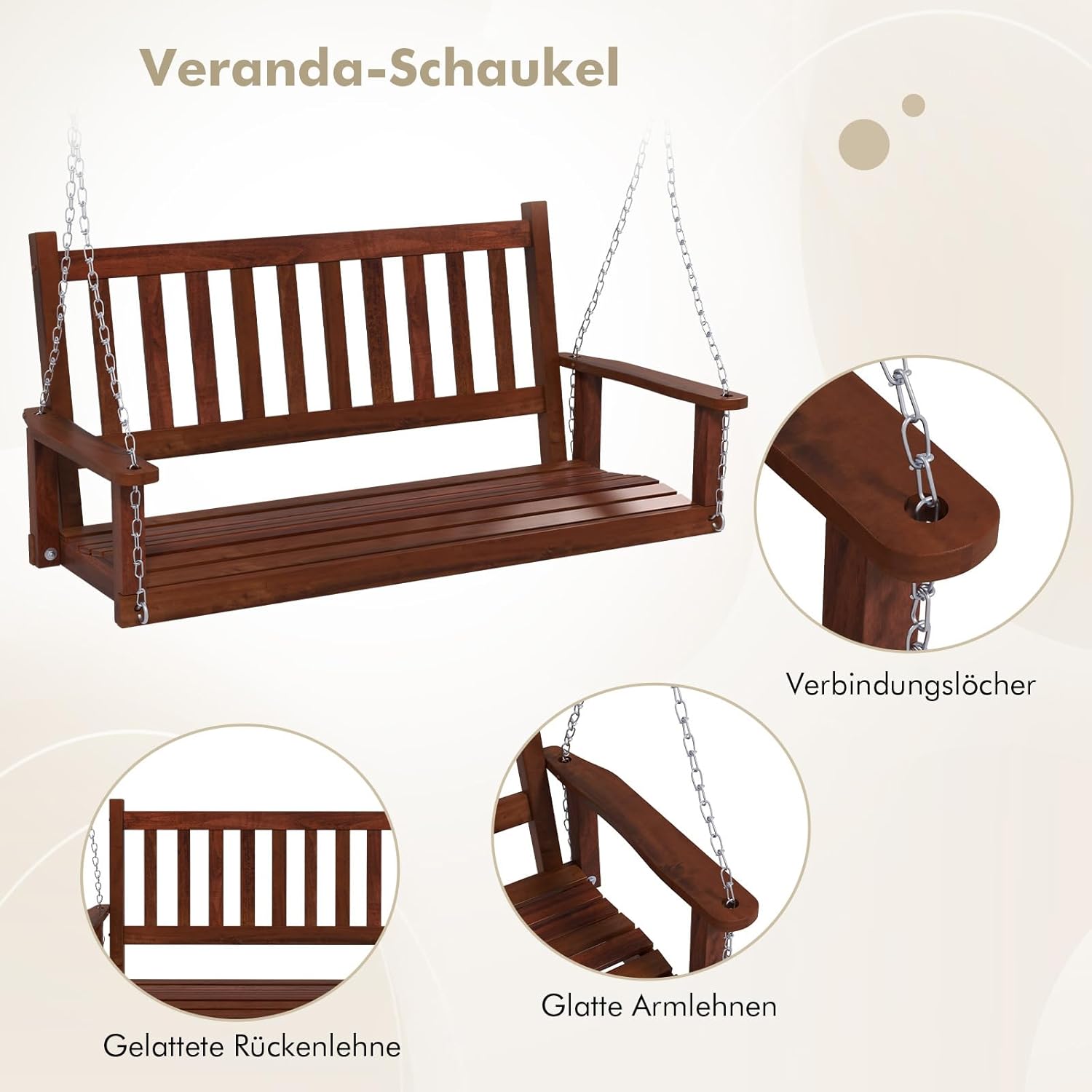 COSTWAY Hängebank aus Massivholz, 3-Sitzer Gartenschaukel zum Aufhängen, Hollywoodschaukel bis 360 kg belastbar, Outdoor-Schaukelbank für Terrasse, Garten, Hof, Braun, 168 x 65 x 63 cm