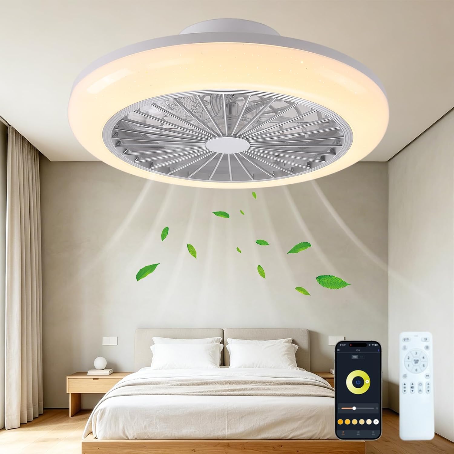 45cm Deckenventilator mit Beleuchtung Leise, LED RGB Deckenleuchte mit Ventilator und Fernbedienung Dimmbar, 6 Windstufen Reversibel, APP Timer mit Integrierter Lautsprecher für Schlafzimmer