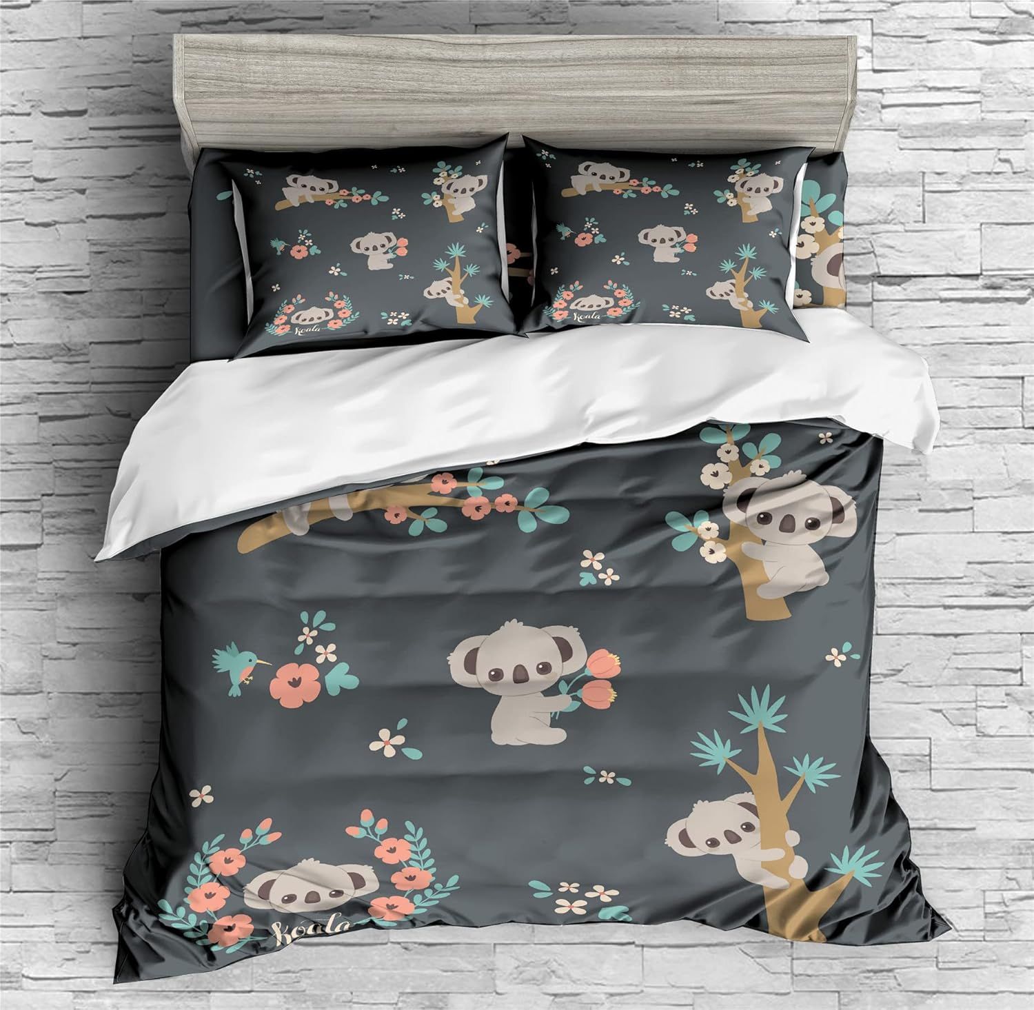 Adorable Koala Bear Duvet Cover Set for Kids - Soft Bedding with Optional Pillow Shams or Sheet (Double, 4-Piece)