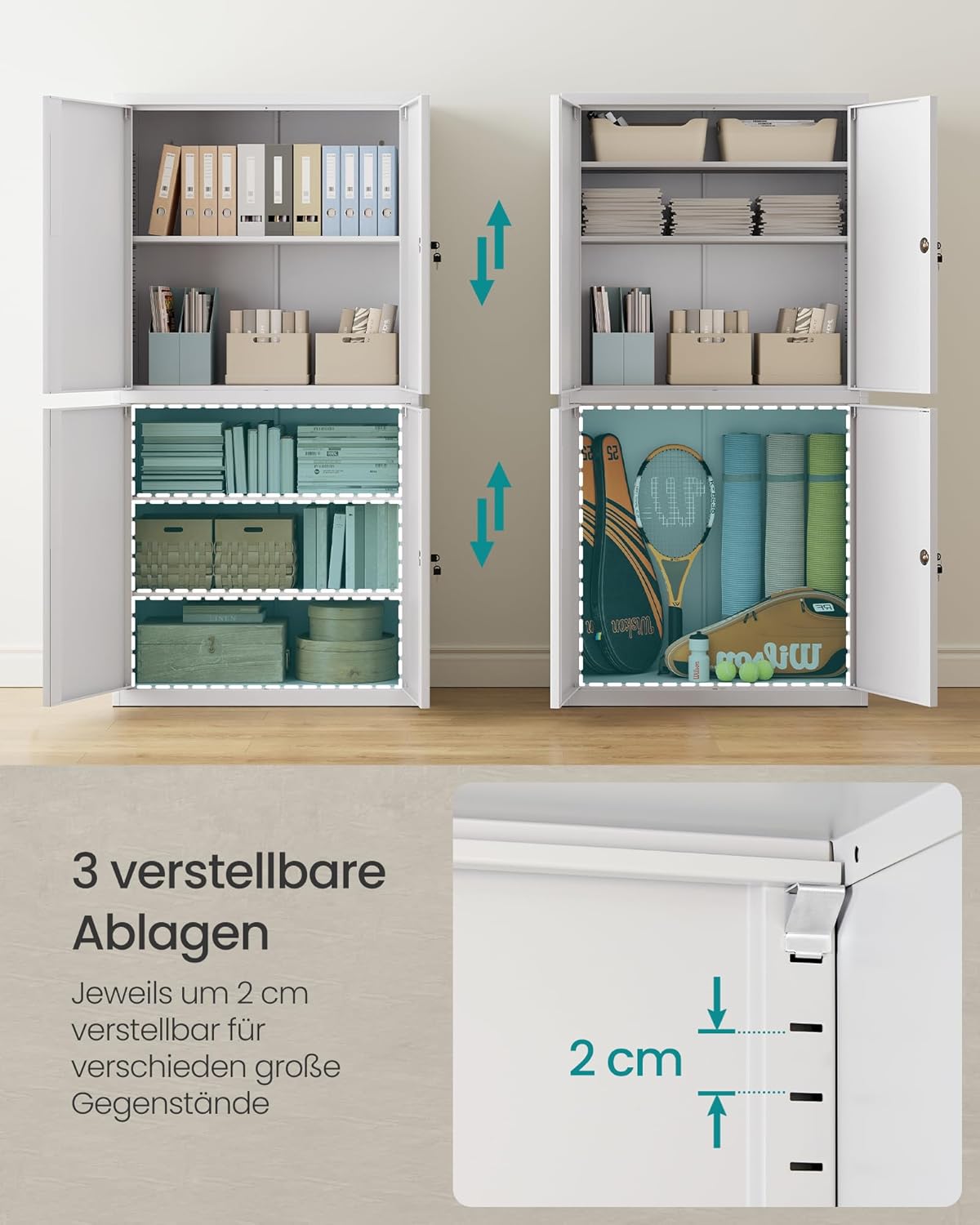 SONGMICS Aktenschrank, Mehrzweckschrank, Büroschrank, mit 4 Türen und 5 Ebenen, 40 x 80 x 180 cm, 2 Schlösser, verstellbare Ablagen, Aufbewahrungsschrank aus Stahl, mattgrau OMC016G01