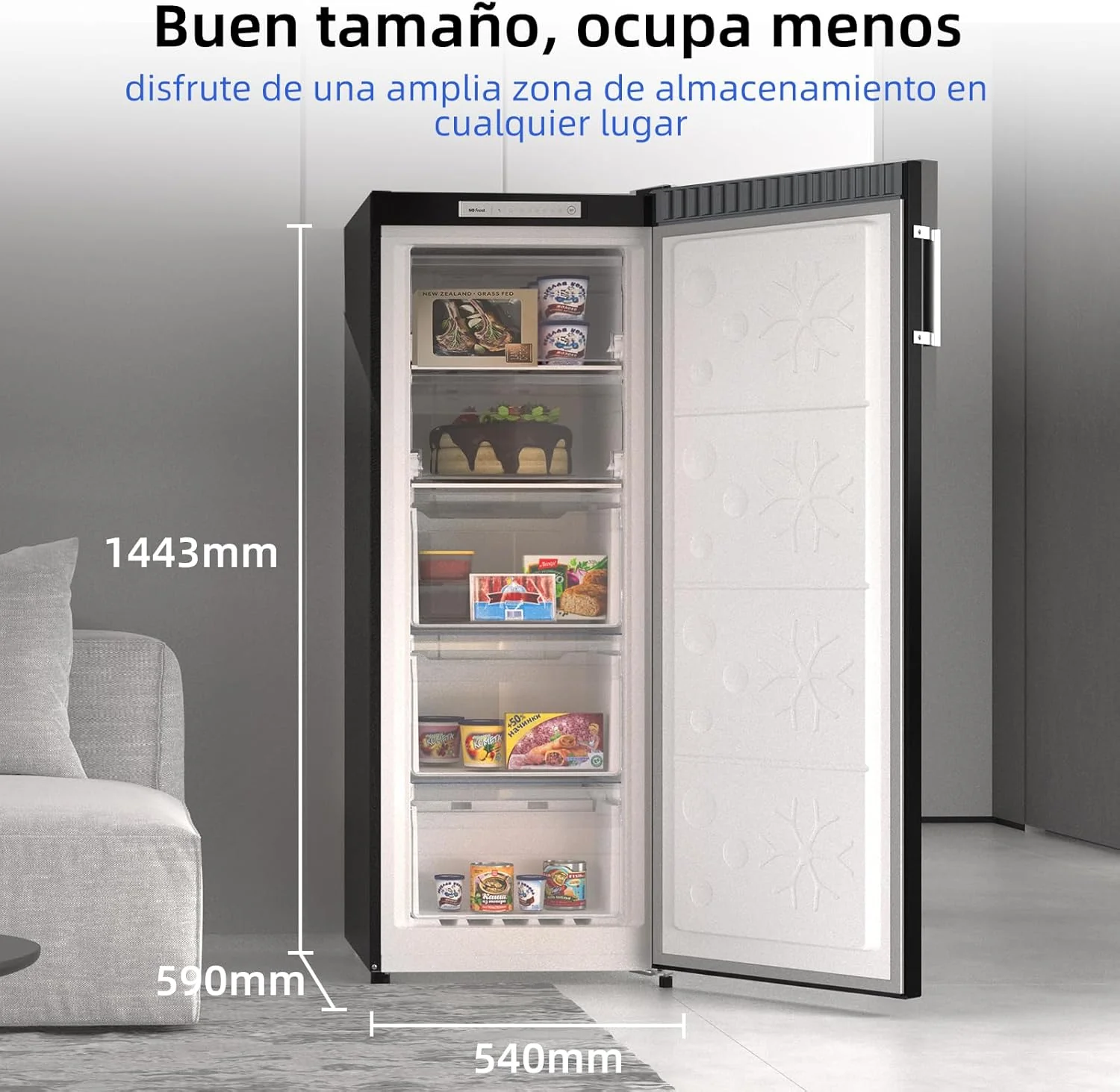 CHiQ Congelador Vertical No frost 166L,FSD166NE4E, Cajones XL, Control de Temperatura Electrónico, Puertas Reversibles, Silencioso, Ice Box, Color Inox Negro, Clase Energética E