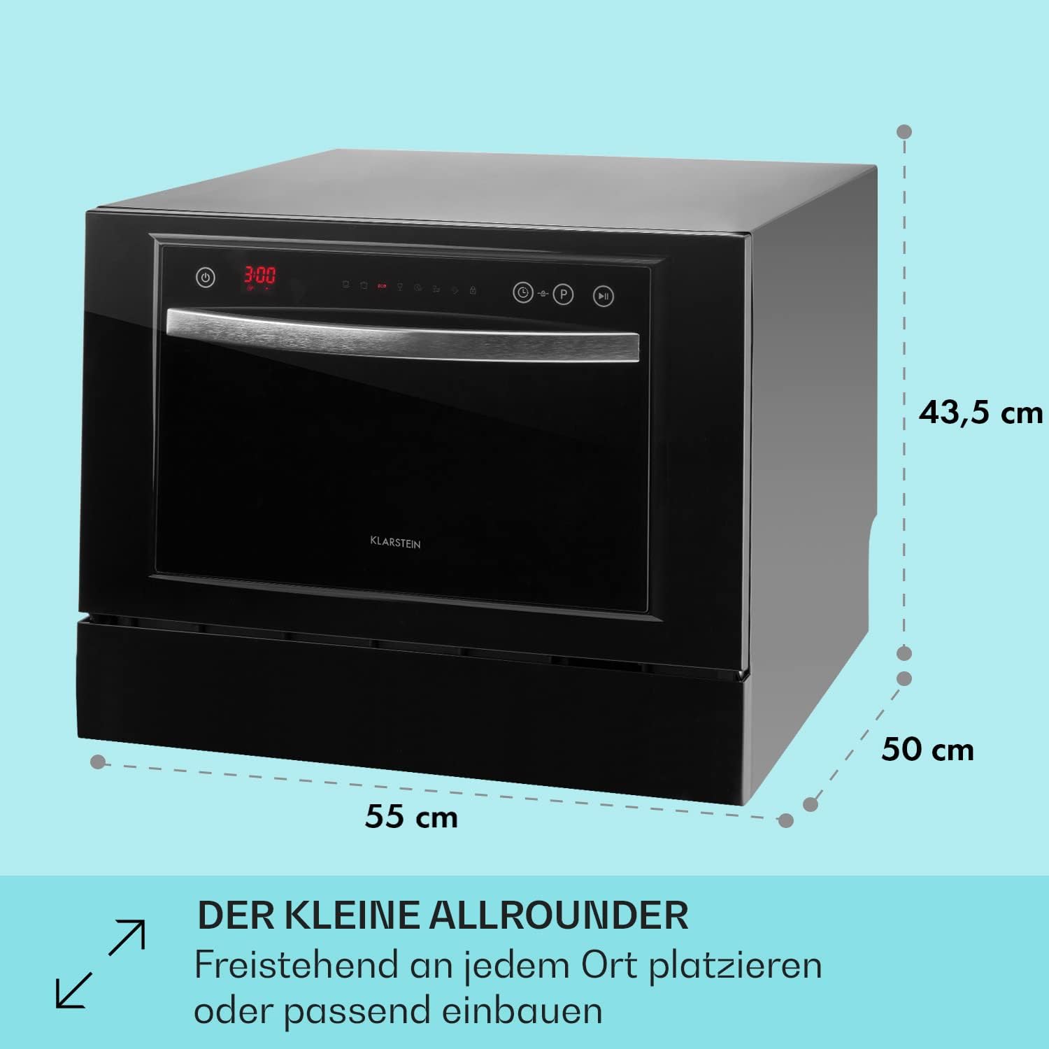 Klarstein  ia 8 - Spülmaschine, Geschirrspüler, Freistehend, Teilintegriert, F, 55 cm breit, 8 Maßgedecke, 6 Programme, Aquastop, silber