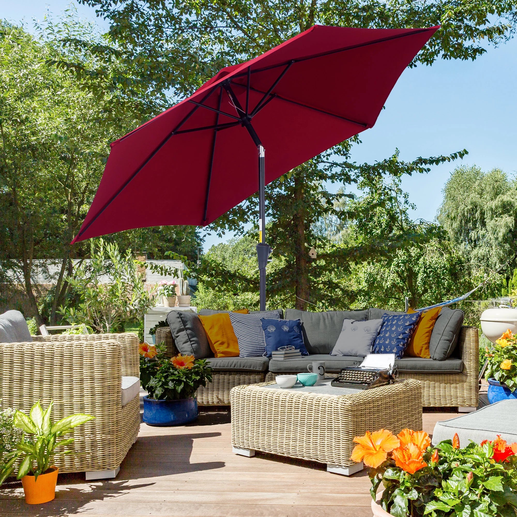 Outsunny Parasol Kantelfunctie Handslinger Aluminium Rood