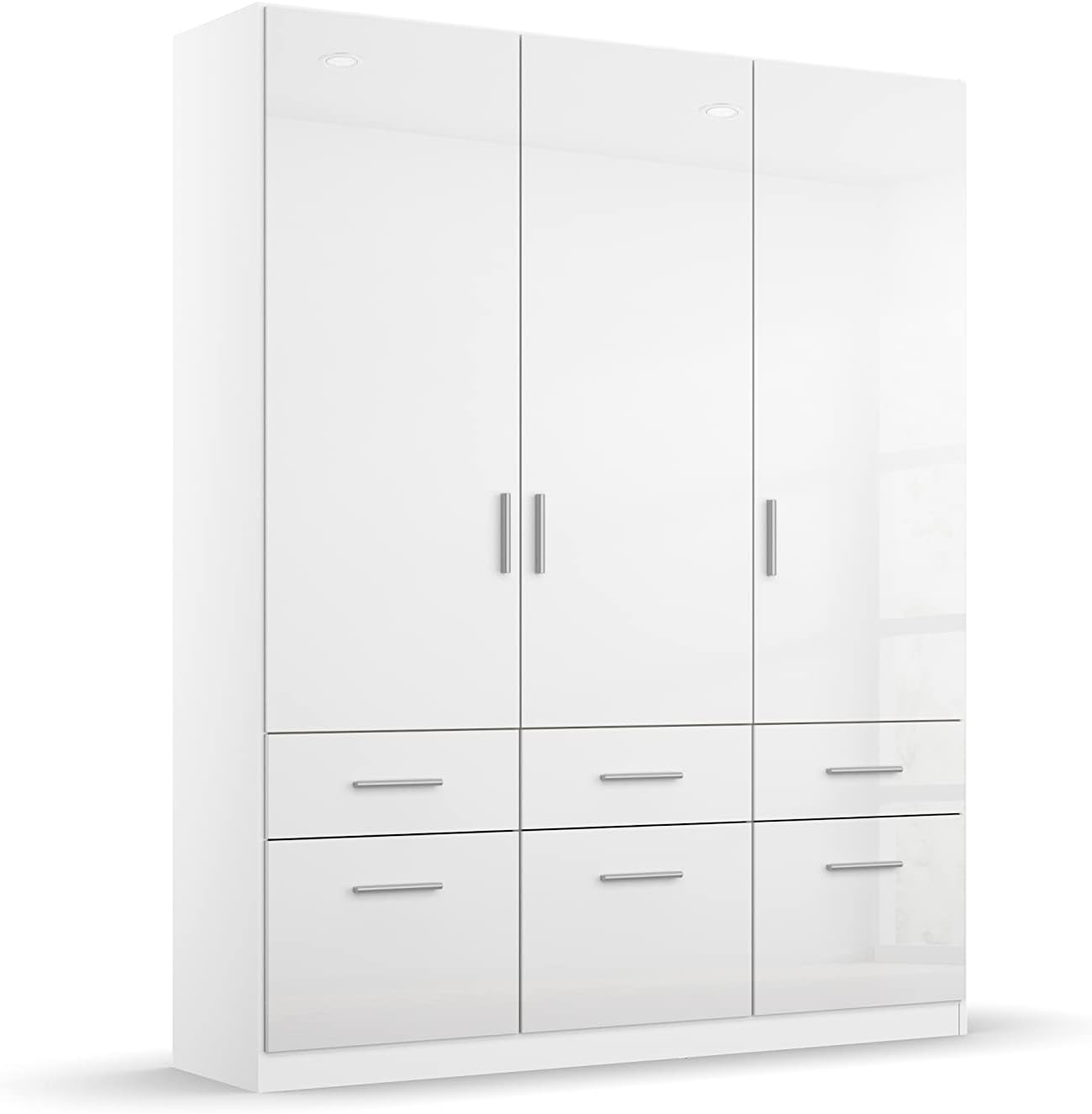 Rauch Möbel Celle Schrank Drehtürenschrank in Weiß/Hochglanz Weiß, 3-türig mit 6 Schubladen, inkl. Zubehörpaket Basic 1 Kleiderstange 2 Einlegeböden, BxHxT 136x197x54 cm