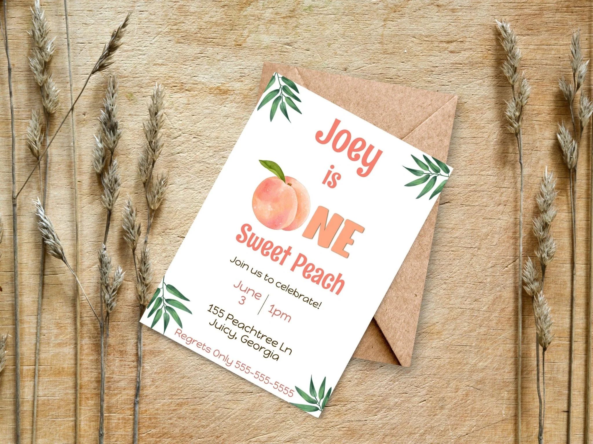 First Birthday Invitation Template Baby is ONE Sweet Peach | Customizable Minimalist First Birthday Invitation