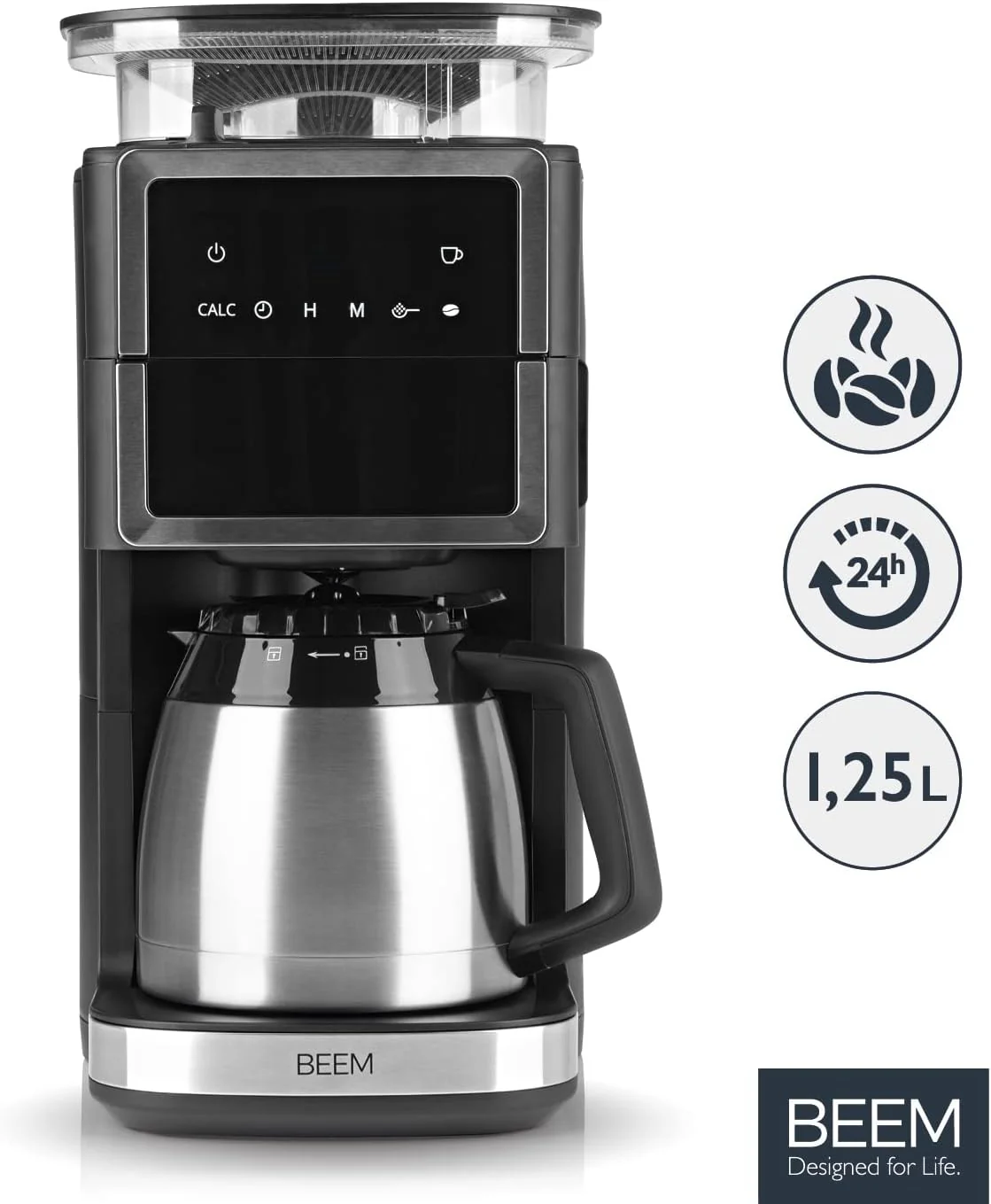 BEEM FRESH-AROMA-PERFECT III Filterkoffiezetapparaat met maalwerk - Duo | Met thermos- & glazen kan | Aroma-Plus-functie | 24-uurs timer | 1000 W | voor maximaal 10 kopjes [roestvrij staal]