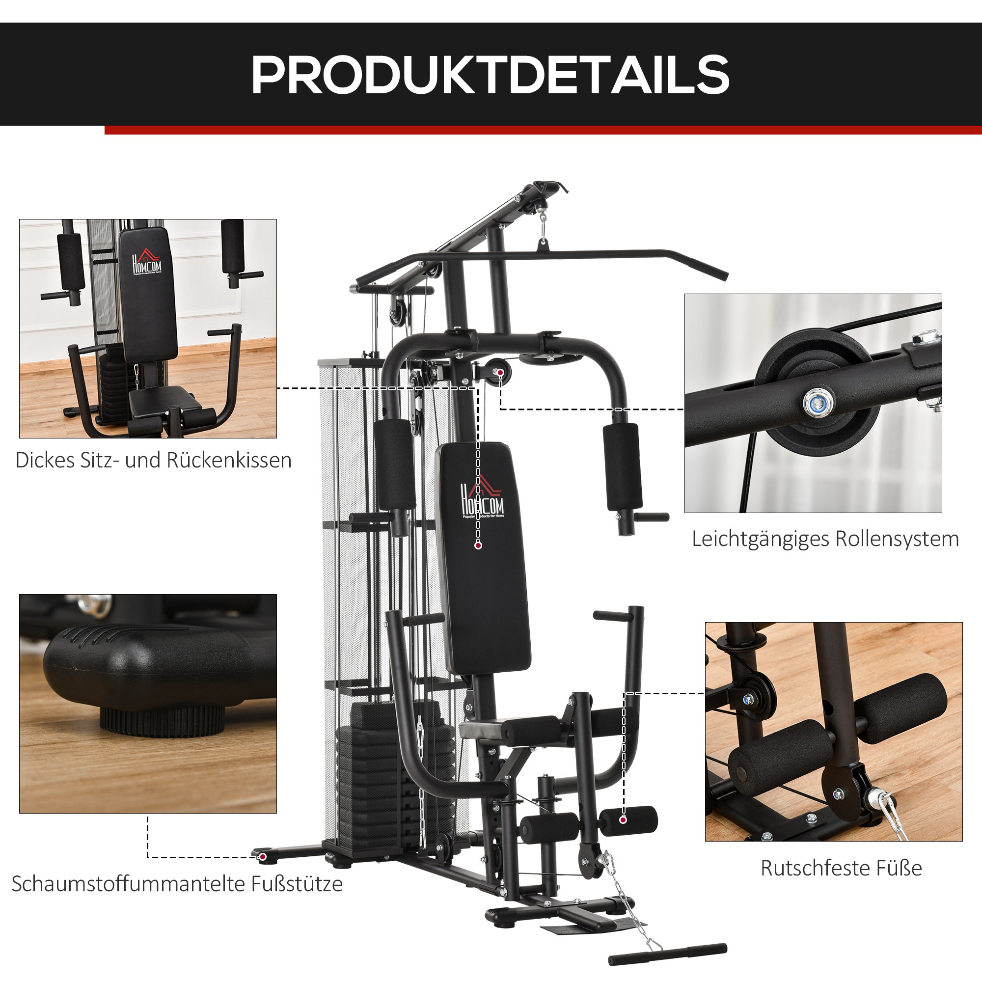 Gym Krachtstation Fitnessstation Multigym Fitnesscentrum Fitnessapparatuur incl. gewichten Latzug Beincurl Metaal PU-kunstleer zwart 150 x 110 x 210 cm