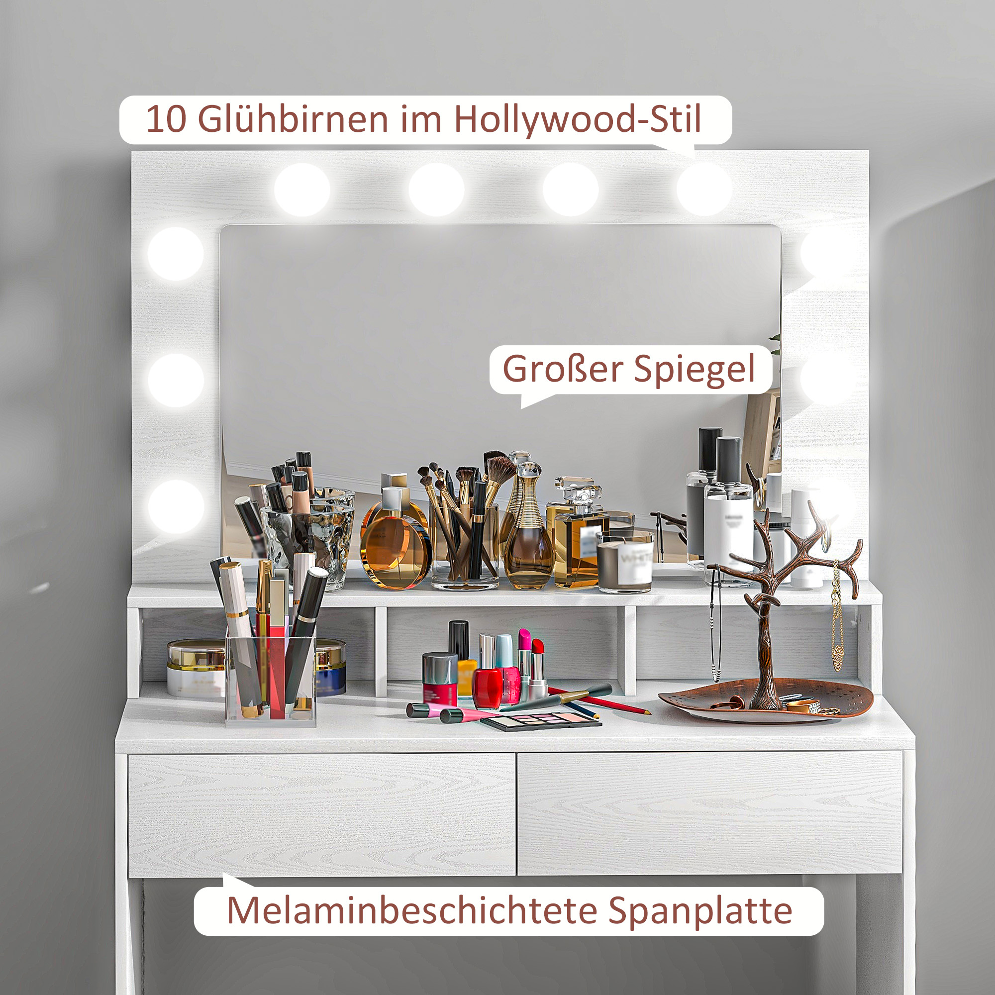 Kaptafel met Verlichte Spiegel, Laden, 3 Lichtopties, 10 Lampen, Hedendaagse Witte Make-uptafel