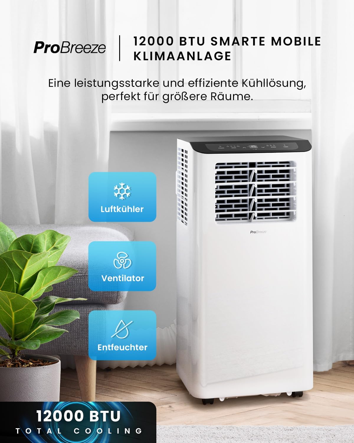 Pro Breeze 12000 BTU Mobile Klimaanlage (Räume bis 50㎡) – Klimaanlage mobil mit App-Steuerung, Timer & LED-Display – inkl. Fensterabdichtung & Abluftschlauch – Mobiles Klimagerät für Zuhause & Büro