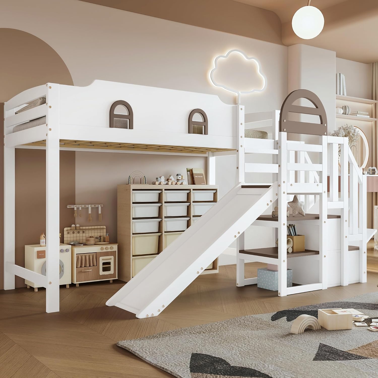 Etagenbett 90x200 cm, Kinderbett Mit Rutsche, Stauraumbett mit 2 Schließfächer in der Treppe, Mit Offenes Regal, mit Fenster, Rausfallschutz Geländer, Kiefer, Weiß+Braun (Ohne Matratze)
