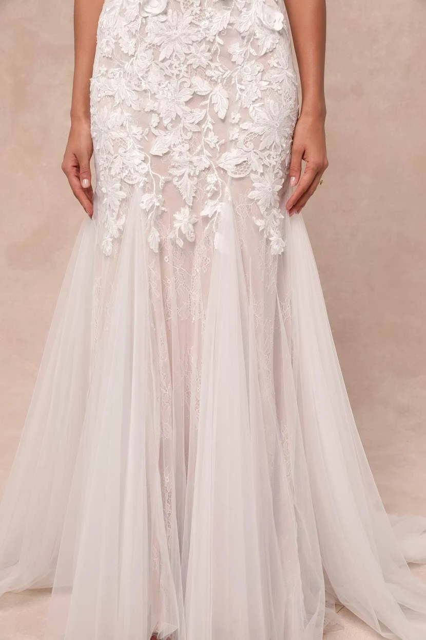 lulus White Tulle Lace Applique Mermaid Maxi Dress Womens