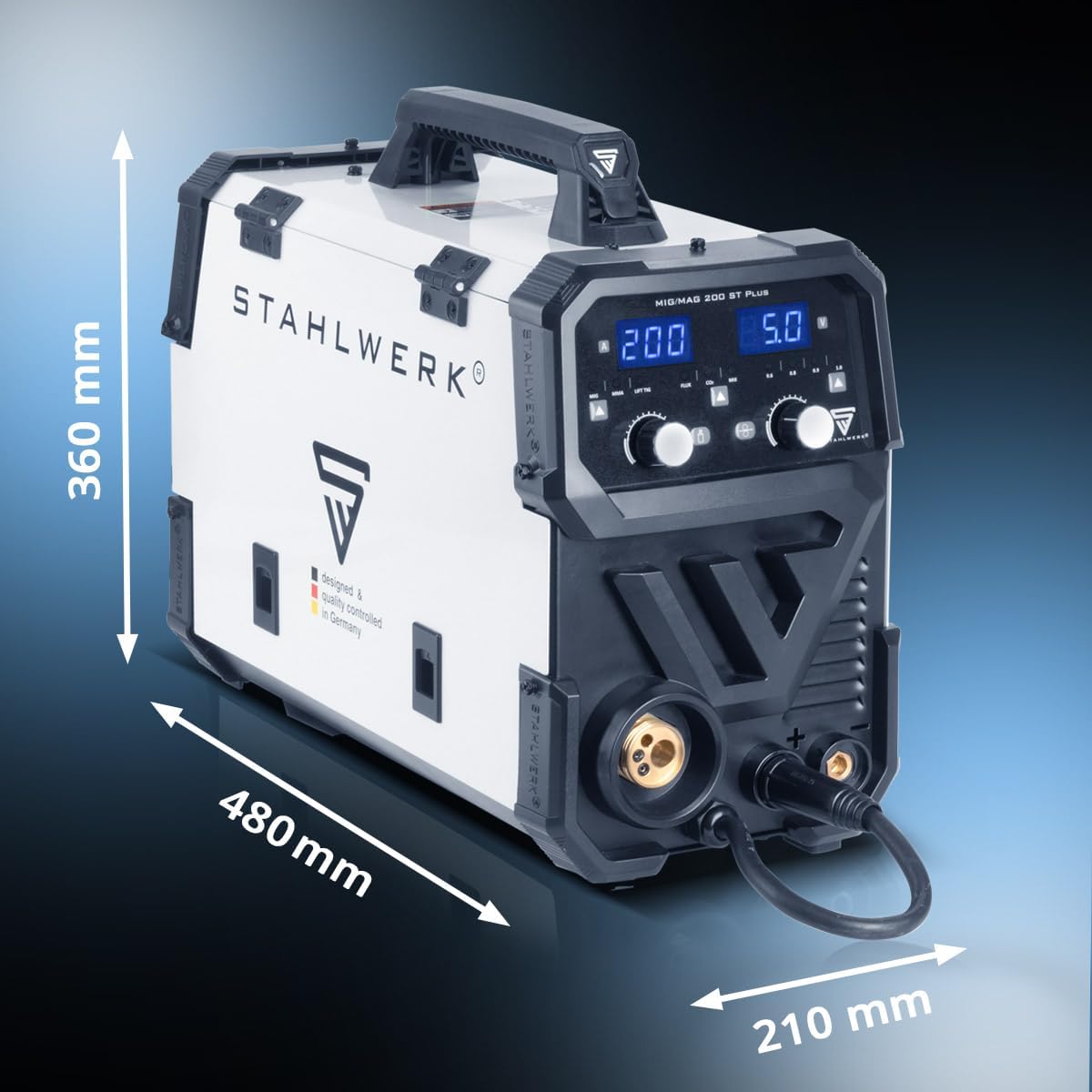 STAHLWERK Schweißgerät MIG/MAG 200 ST – Vollausstattung – IGBT Inverter mit 200 A, Schutzgasgerät mit synergischem Drahtvorschub, FLUX/Fülldraht geeignet, Lift-TIG und MMA/E-Hand (ARC) funktionsfähig