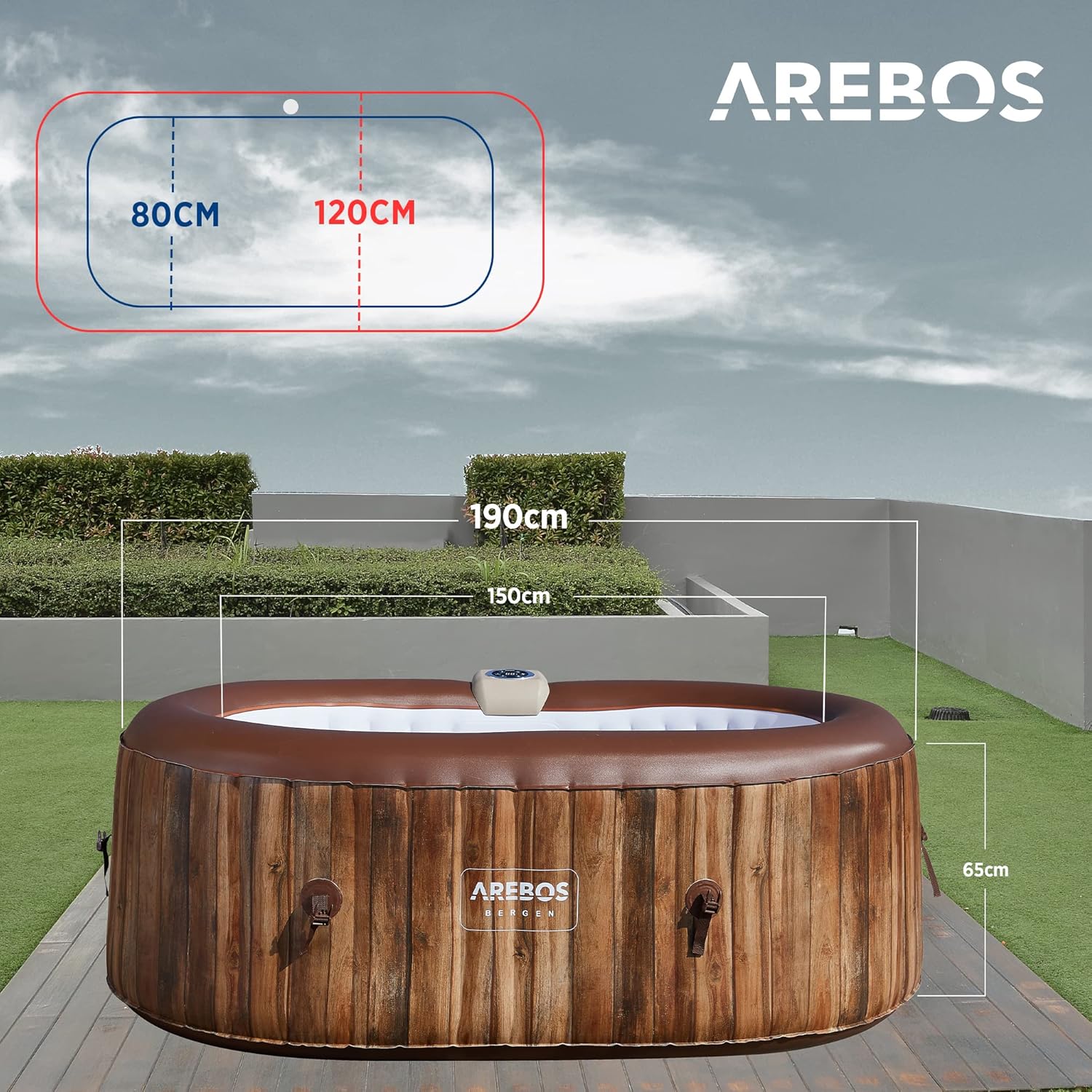 Arebos Whirlpool | Aufblasbar | In- & Outdoor | 190x120 cm oval | 2 Personen | 90 Massagedüsen | mit Heizung | 550 Liter | Inkl. Abdeckung | Bubble Spa & Wellness Massage