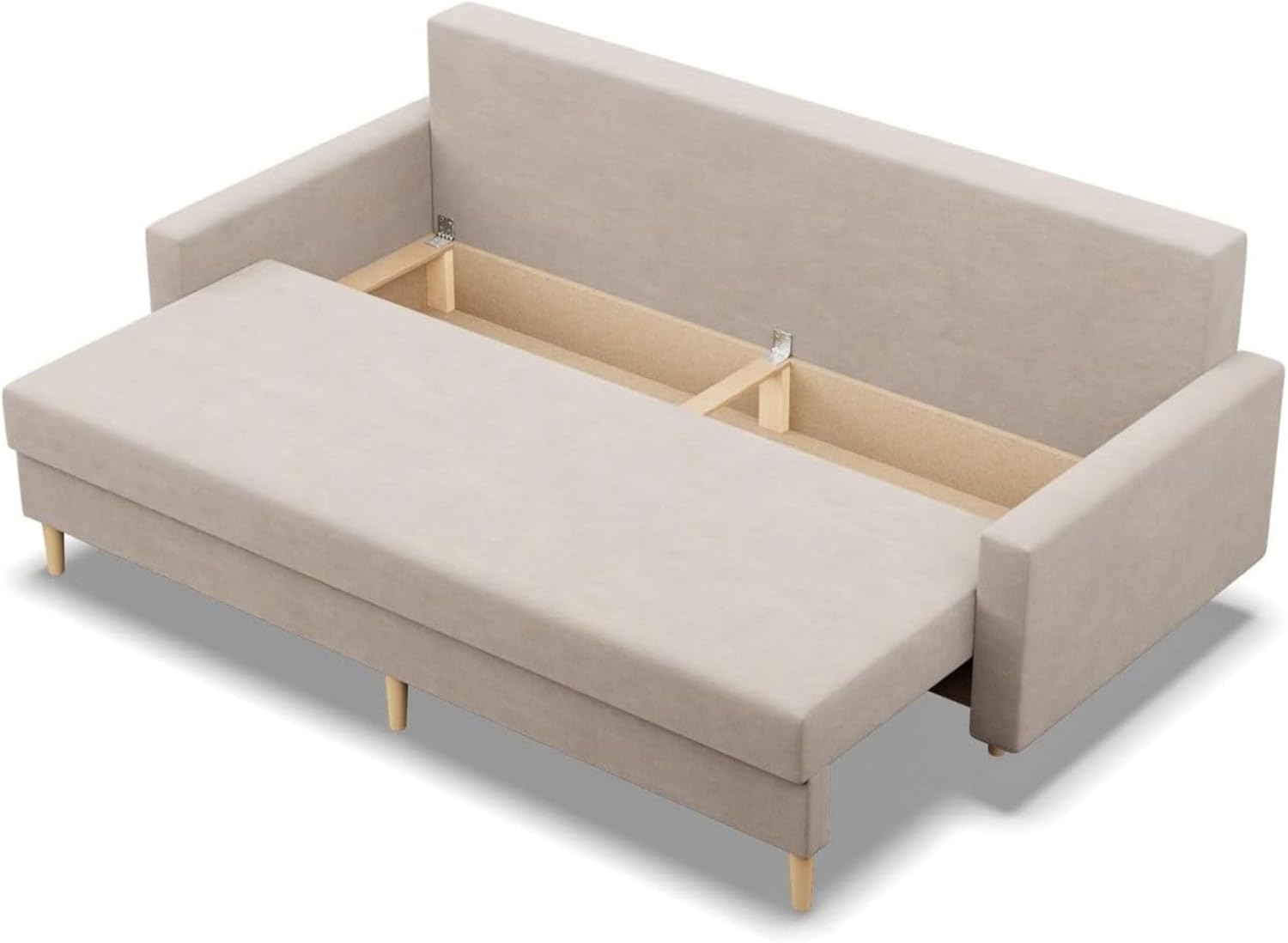 Mebligo - Sofa Mit Schlaffunktion Und Bettkasten Blank, 3 Sitzer 212 cm Breit, Schlafsofa Mit Bonellfederkern im Sitz, Ausziehbares Couch Auf Holzfüßen, Wohnzimmer - Beige