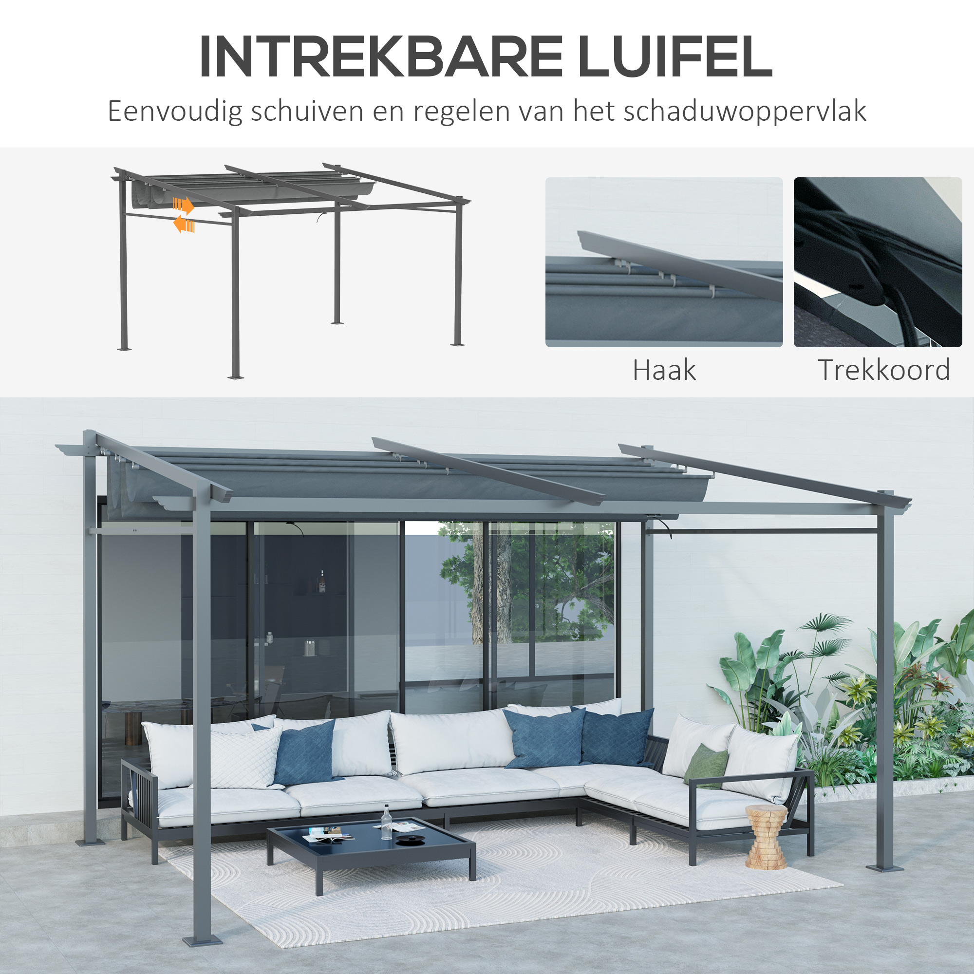 Pergola met Bevestigingsmaterialen, Intrekbaar Dak, 3,97m x 2,95m x 2,3m, Donkergrijs