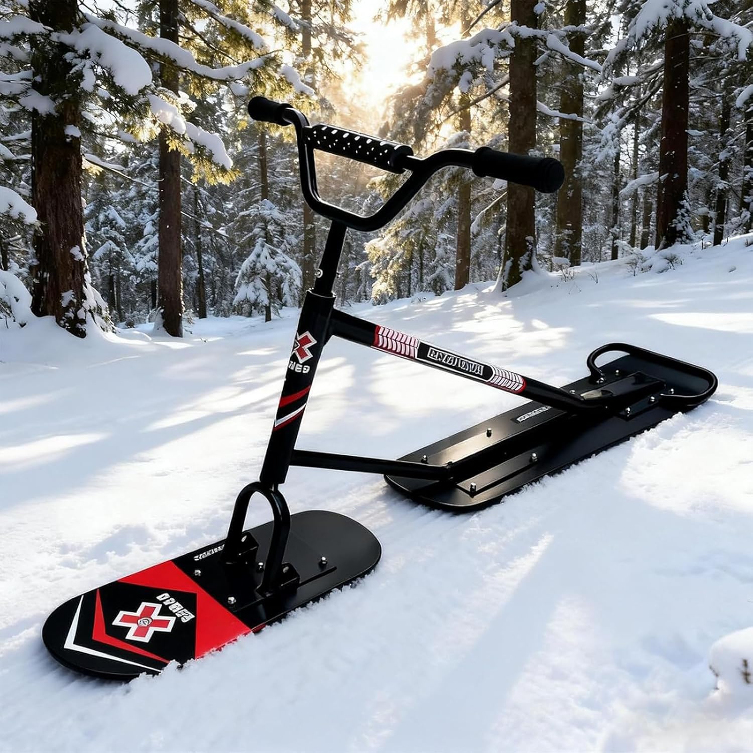 Erwachsenen Schneescooter, Outdoor-Schlitten, Edelstahlrahmen und Skikufen, Schneemobile mit 150 kg Belastbarkeit & 360°-Lenkung, tragbares Snowboard für Schnee, Sand und Outdoor-Gelände
