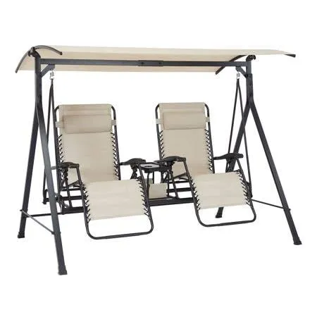 Mainstays Zero-Gravity Steel Porch Swing - Beige/Black. Size: 90.55 inch x 58.27 inch x 72.44 inch