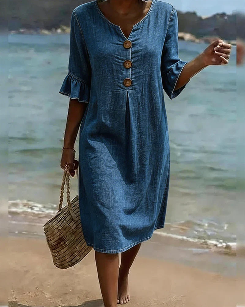 Damen Denim Kleid | Lockeres Sommerkleid mit Knopfleiste | Bequemes Midikleid mit halben ?rmeln und Rundhalsausschnitt