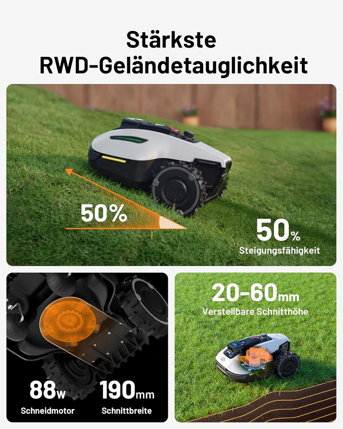 MAMMOTION YUKA Mini 700 Mähroboter ohne Begrenzungskabel, NetRTK+Vision, Keine RTK-Antenne erforderlich, Auto-Kartierung, Empf. 700m², Max. 1100m², mit 4G-Modul, 50% Steigung