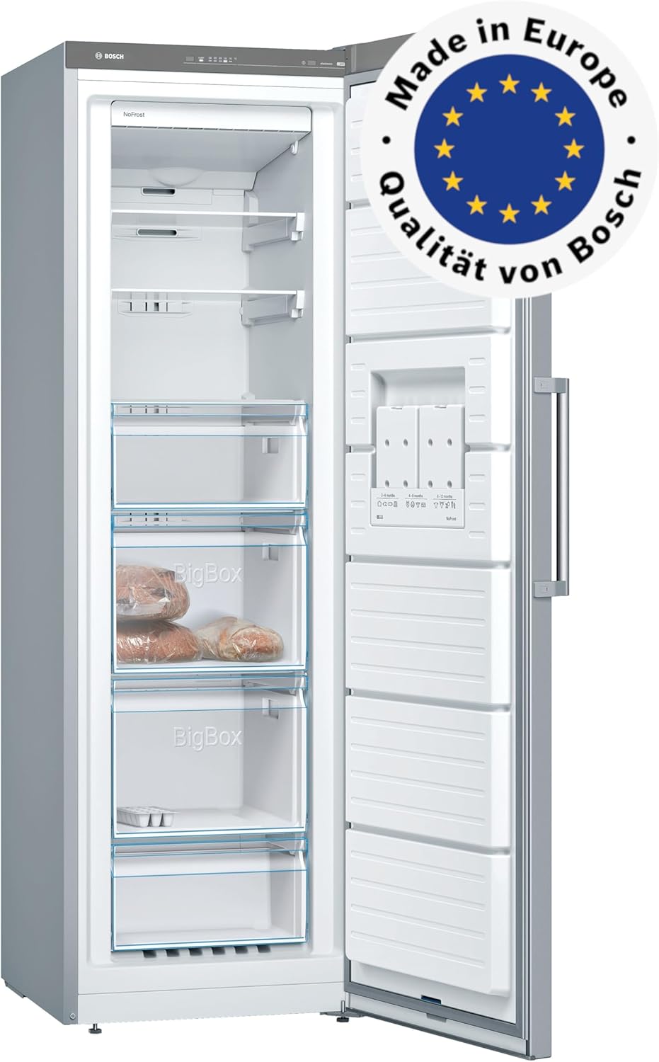 Bosch GSN36VLEP, Serie 4, Freistehender Gefrierschrank, 186 x 60 cm, 242 L, 234 kWh pro Jahr, NoFrost, BigBox Schublade für großes Gefriergut, Vario Zone - Flexibler Gefrierraum, Metall-Optik