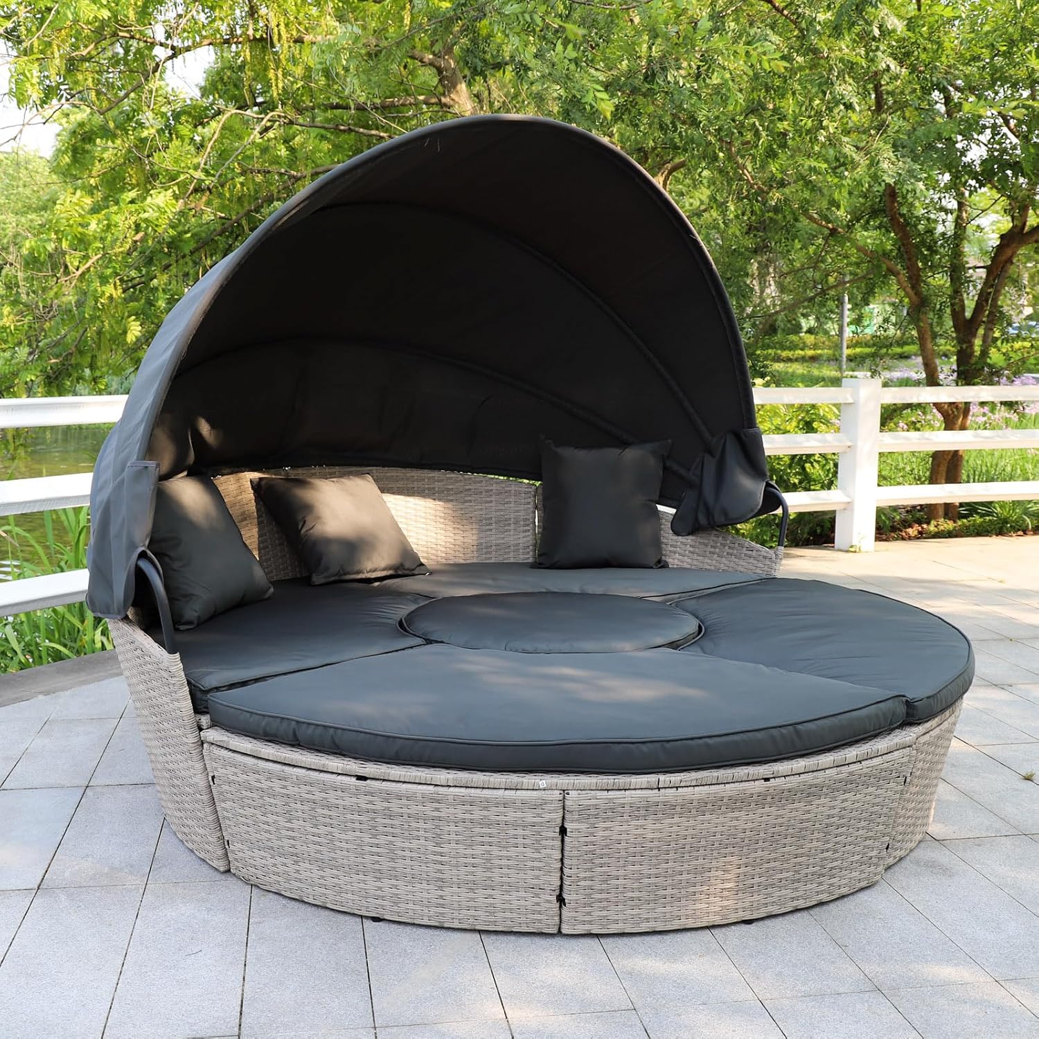 Poly Rattan Sonneninsel XL mit faltbarem Sonnendach Ø 180/210 cm inkl. Auflagen Kissen, Lounge Sonnenliege Gartenmuschel (Hellgrau, Dia 180)
