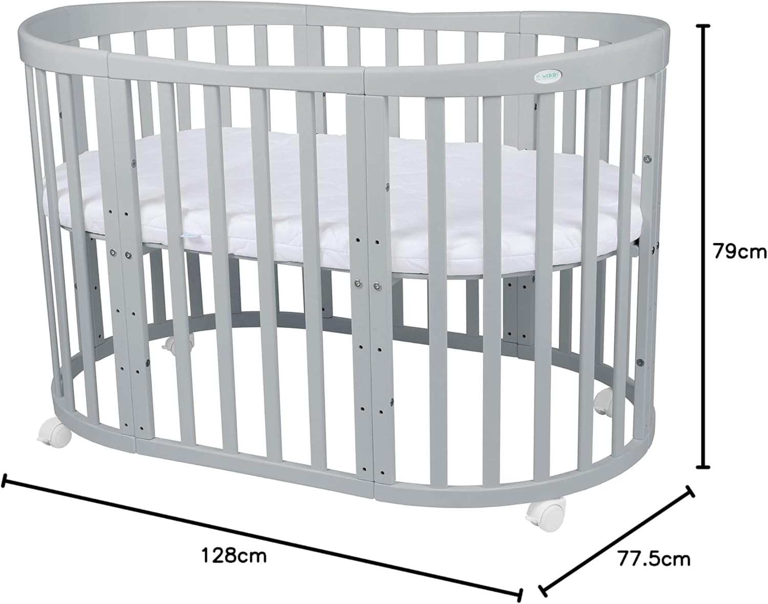 Waldin Oval Baby-Bett Mitwachsend Komplett Set 7in1, Gitterbett, Kinderbett mit Matratze, Wickelkommode, Beistellbett, Holz Weiß