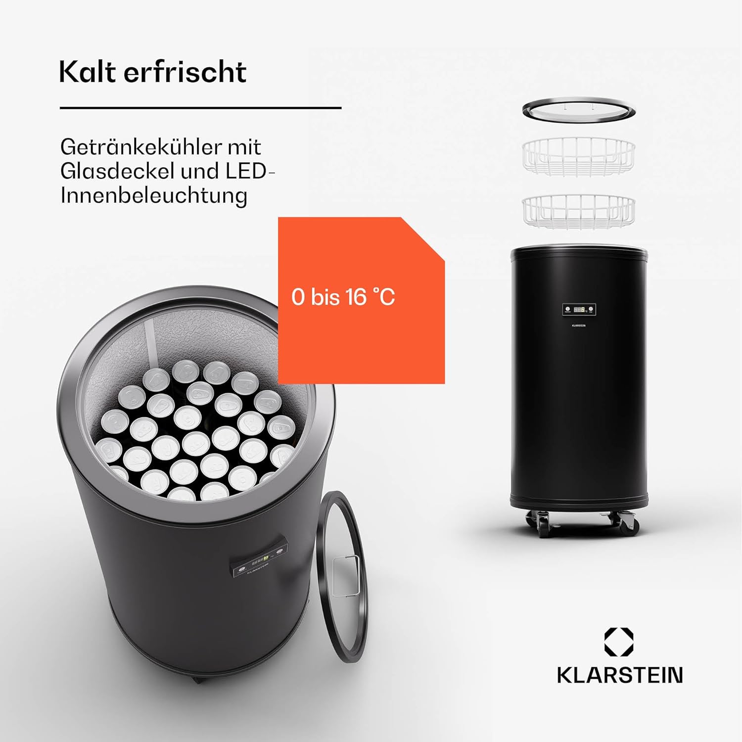 Klarstein Beersafe L Kühlschrank mit LED Display, Edelstahl-Kühlschrank für Zimmer, Indoor/Outdoor Getränkekühlschrank, Weinkühlschrank für Getränke, 70L Kühlschrank mit 360° Sicht, 0-16°C