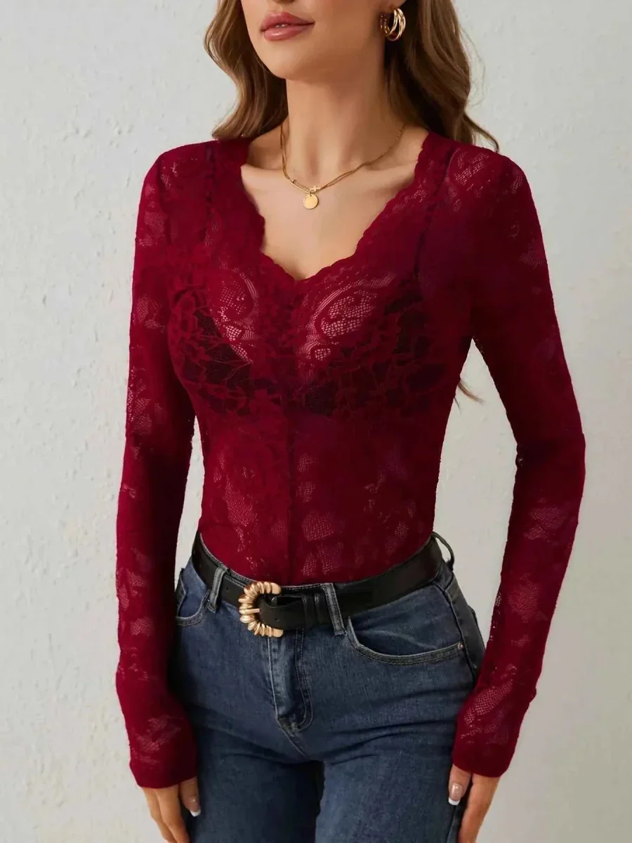 Transparentes Spitzen Langarm Top f��r Damen mit Herz Ausschnitt