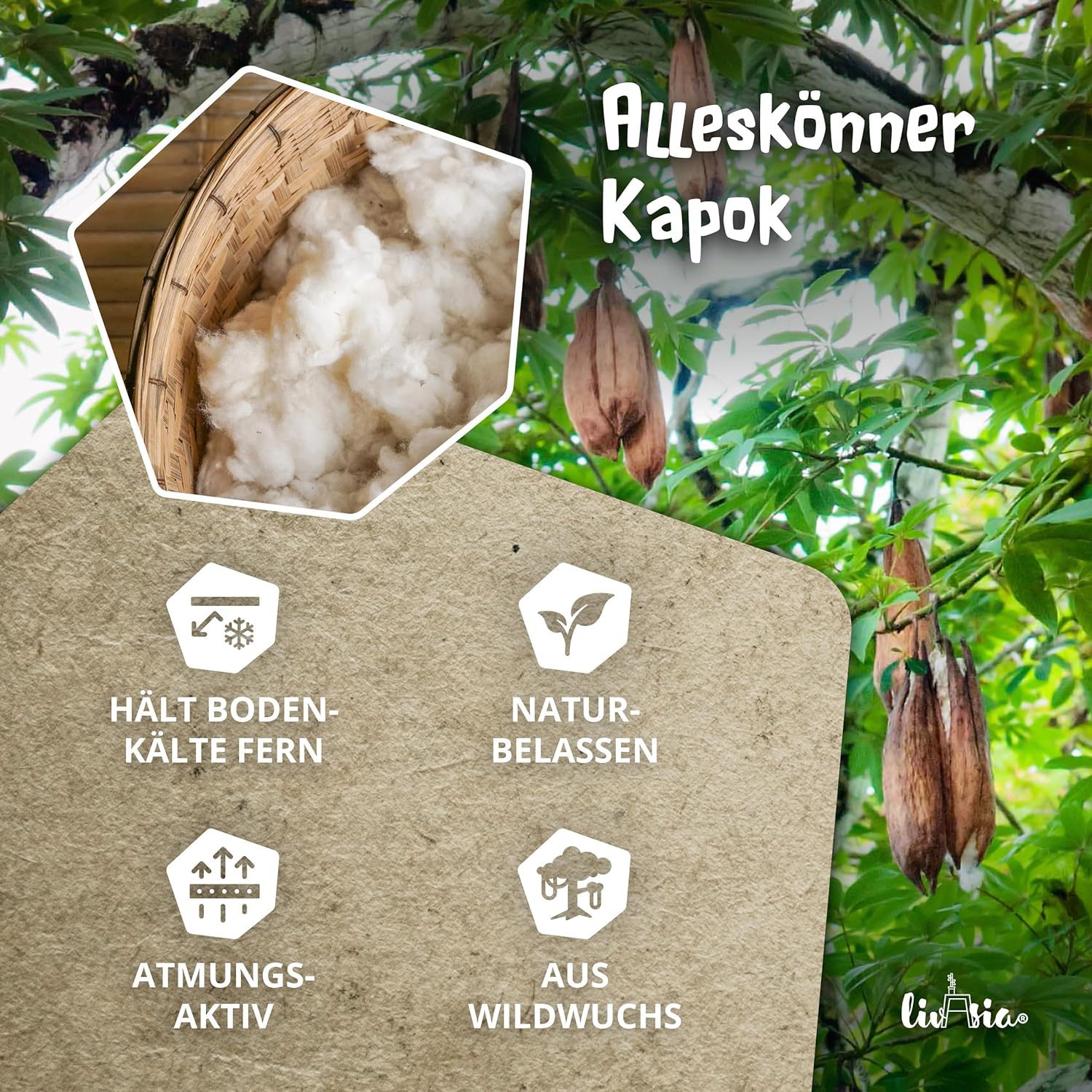 livasia Nachhaltige Klappmatratze aus Kapok - 200x80x8cm - Gästematratze, Faltbare Matratze einfarbig, ökologische Yogamatte, klappbares Gästebett, Liege Garten Balkon (Braun Uni)